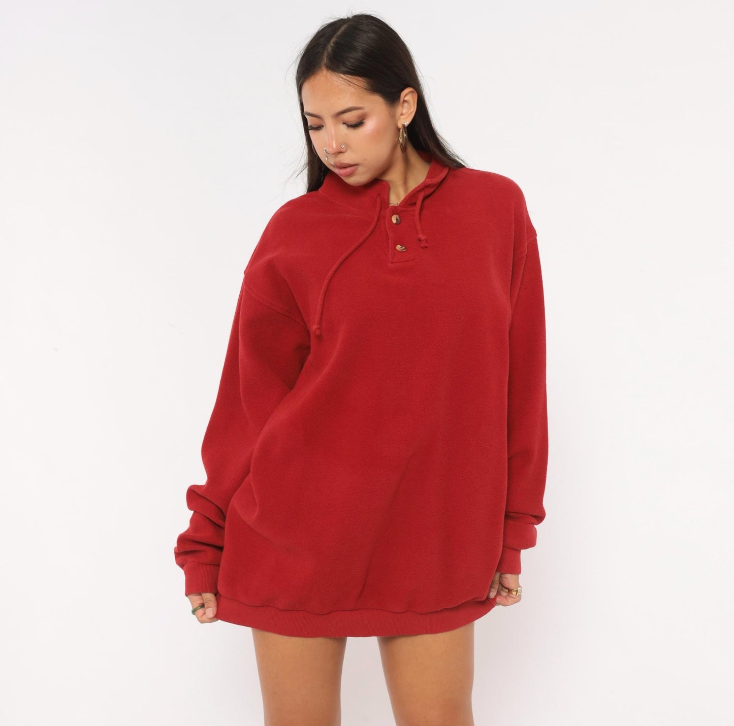 90s Crazy Shirt Cranberry Henley Sweatshirt Cotton Mock Neck Drawstring Large L