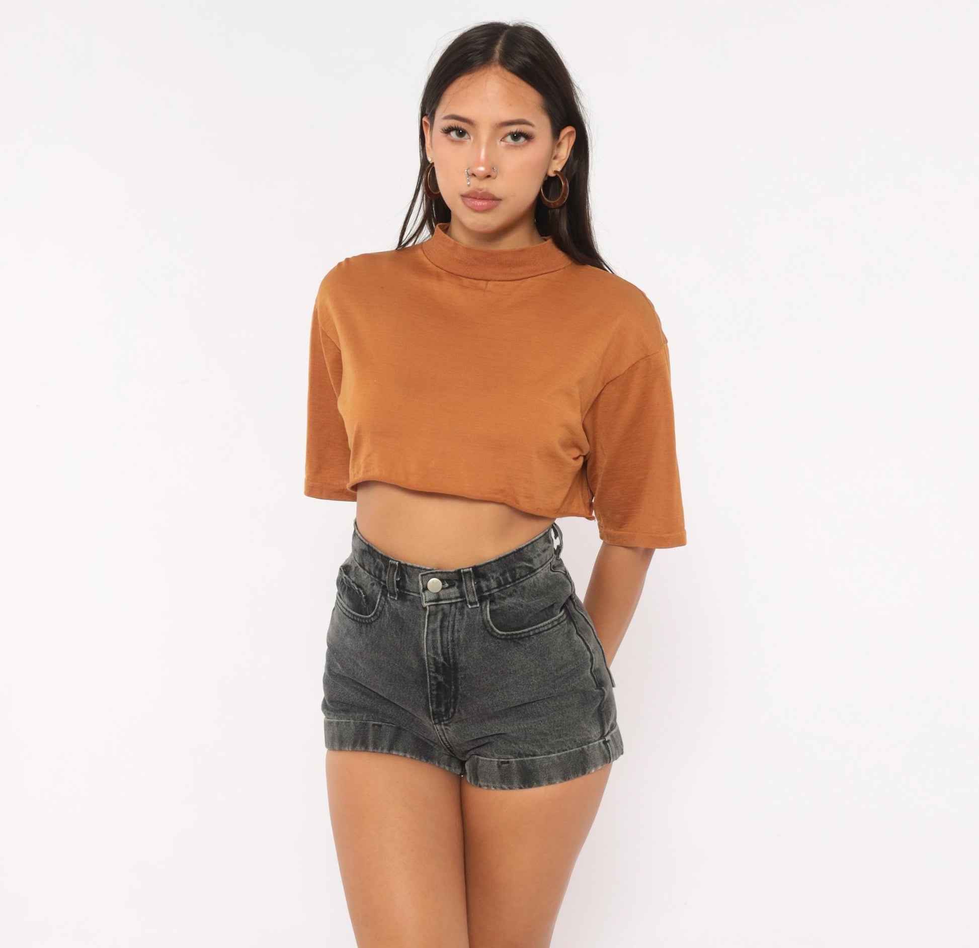 80s The Men's Store Rust Mock Neck Crop Top Cotton Durene Large L