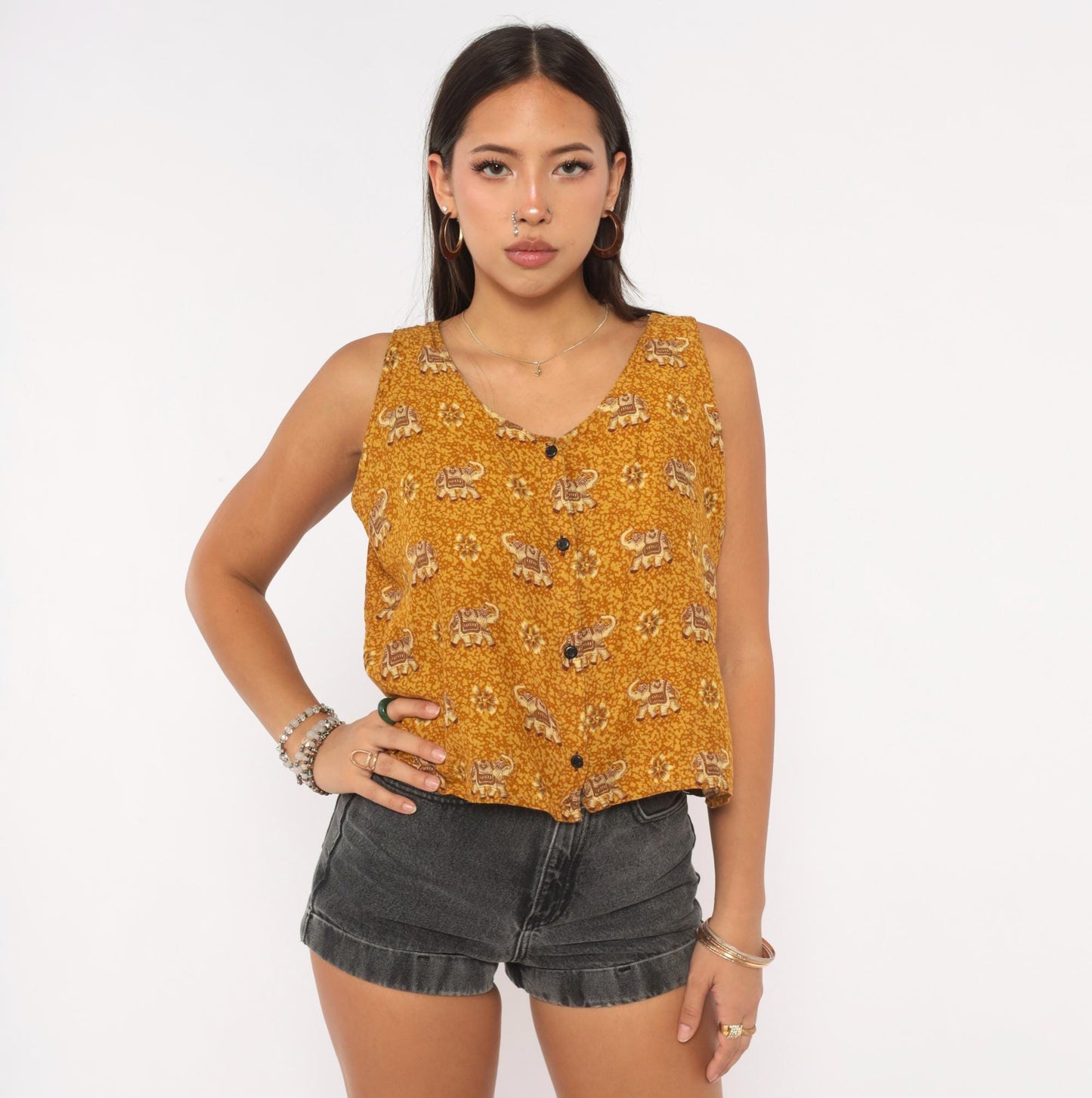 Y2K Dream Island Elephant Print Tank Top Mustard Gold Large L