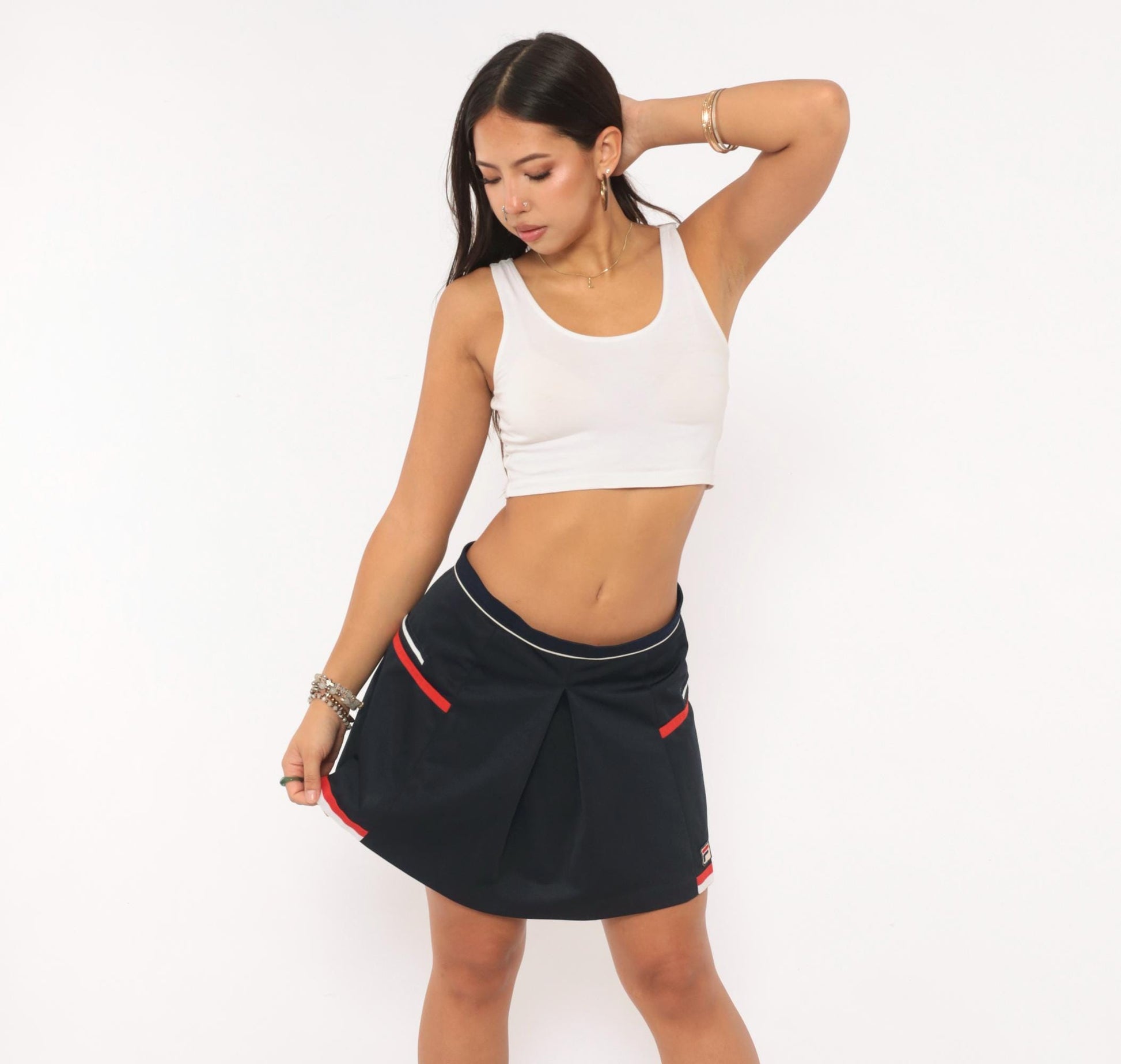 90s Fila Tennis Skirt Navy Pleated Mini Red White Stripe Trim Large L