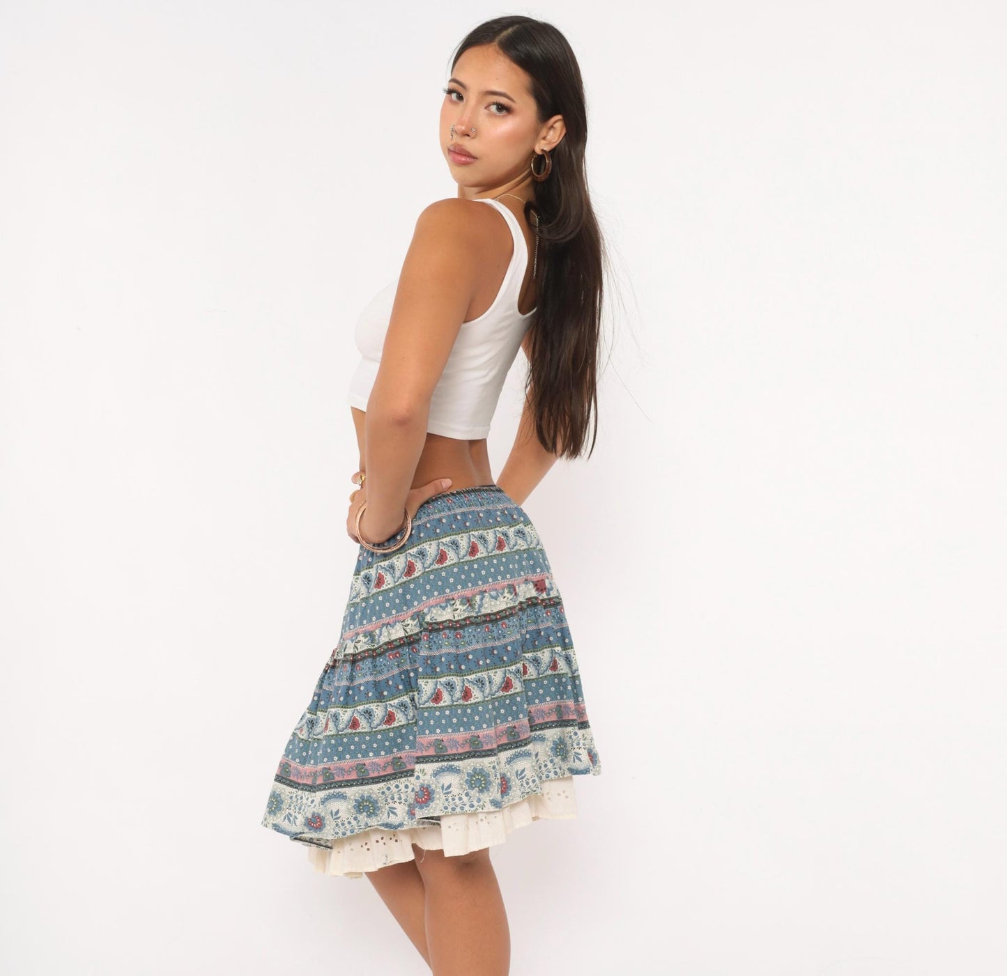 90s New Girls' Generation Tiered Prairie Skirt Blue Burgundy Floral Large L