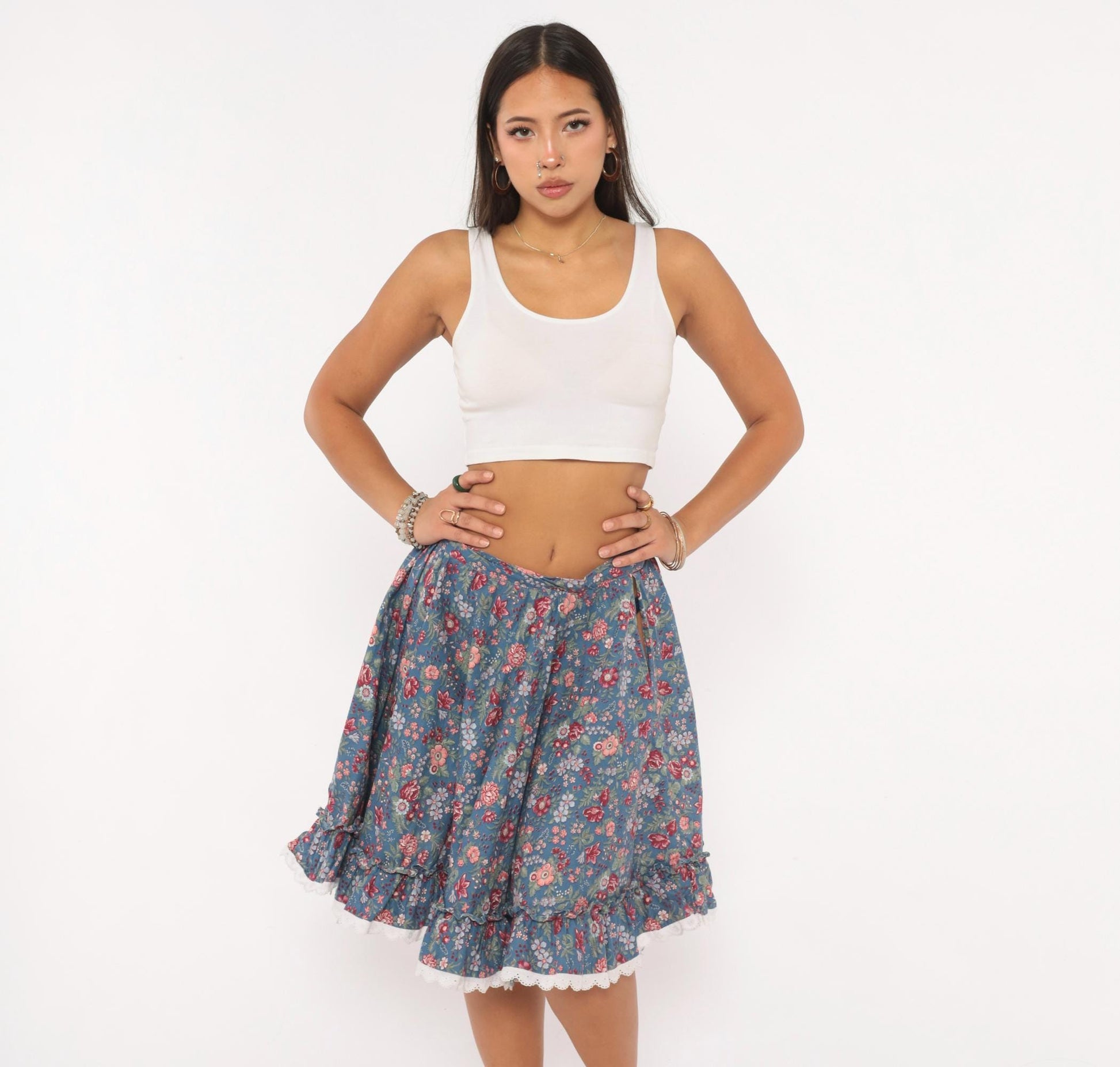 80s Dusty Blue Floral Circle Skirt Cotton Ruffled Lace Trim Small S