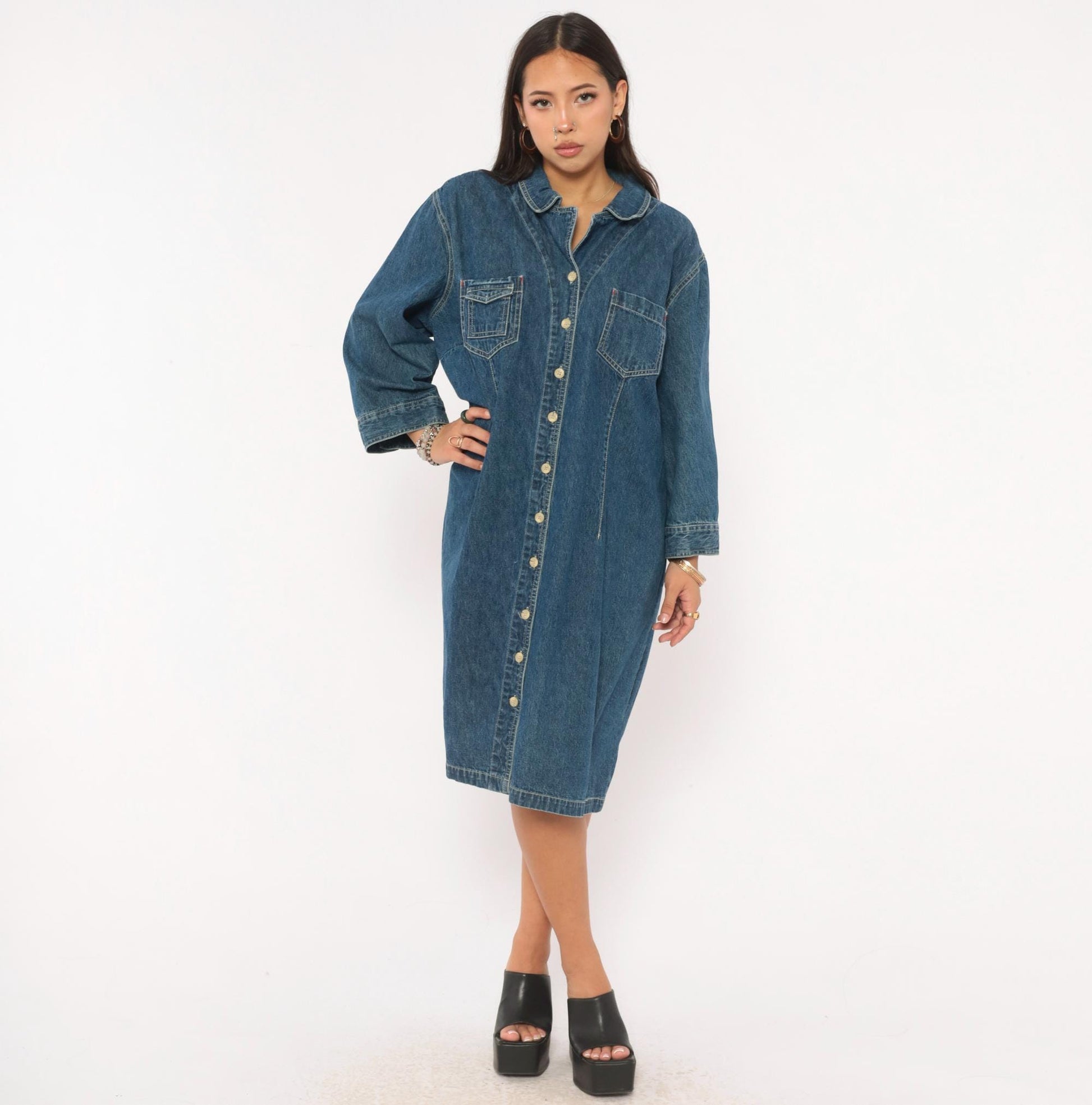 90s Carolina Blues Denim Shirt Dress Navy Button Front Cotton Plus Size XXL