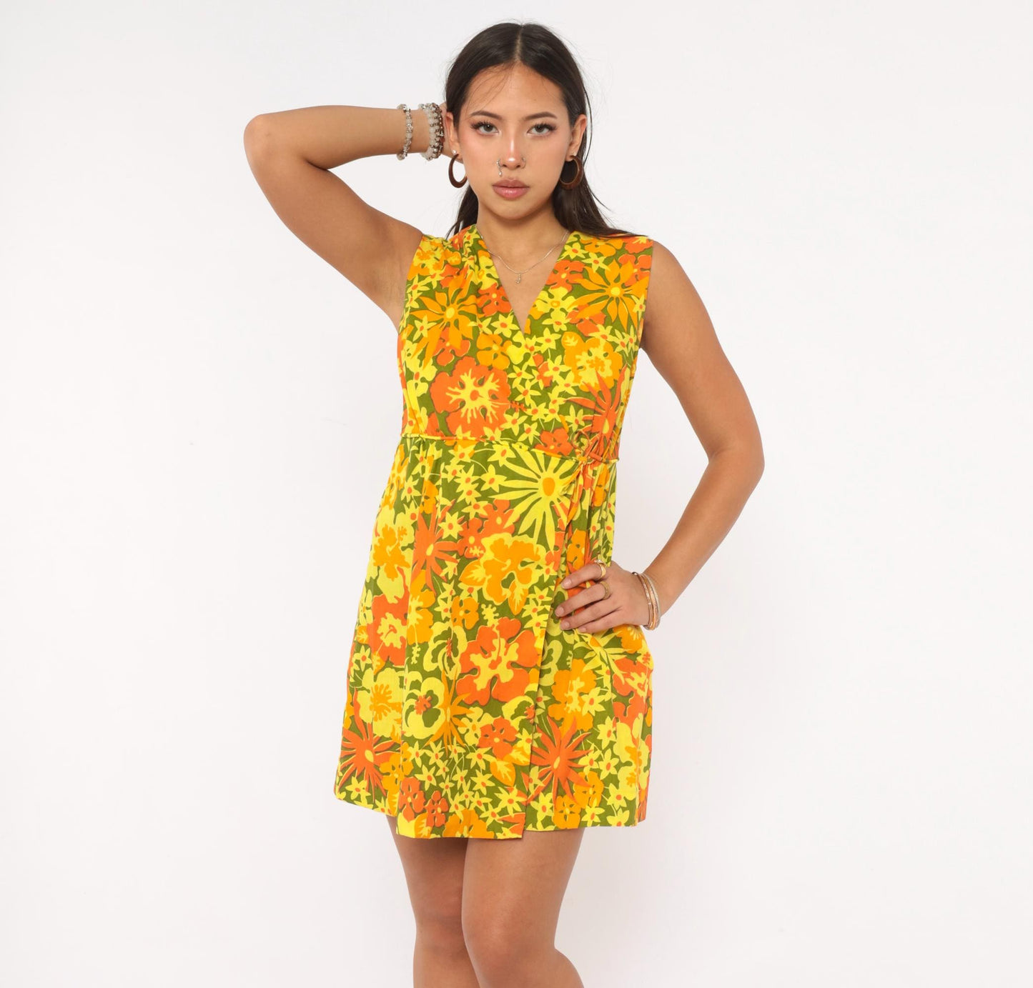 70s Ruth Clarage Psychedelic Floral Wrap Dress Mini Yellow Orange Small