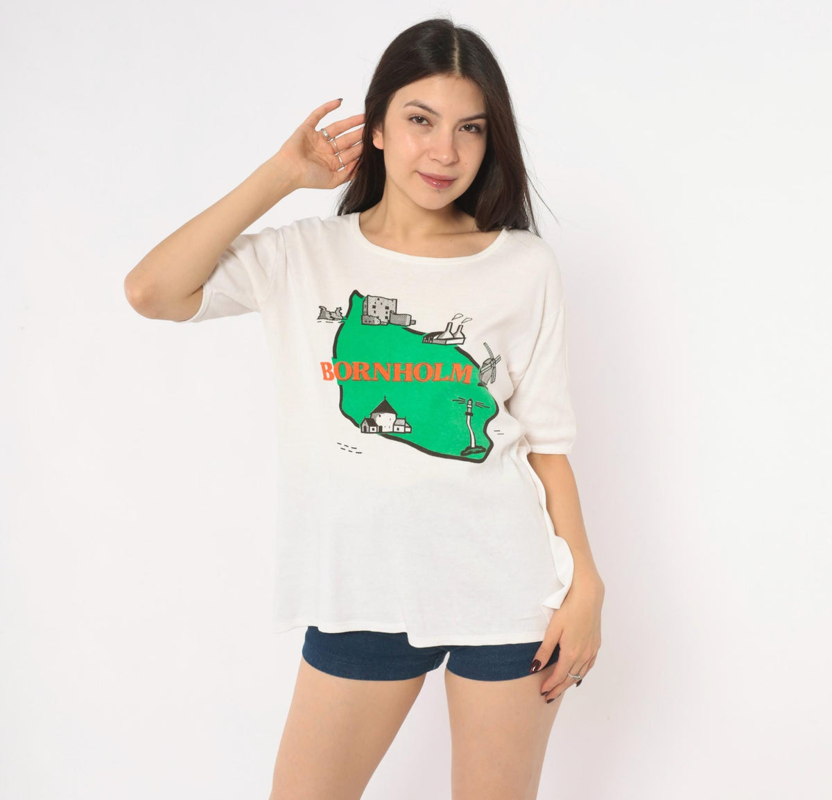 80s Bornholm Denmark Souvenir Tee White Cotton Map Graphic Large L