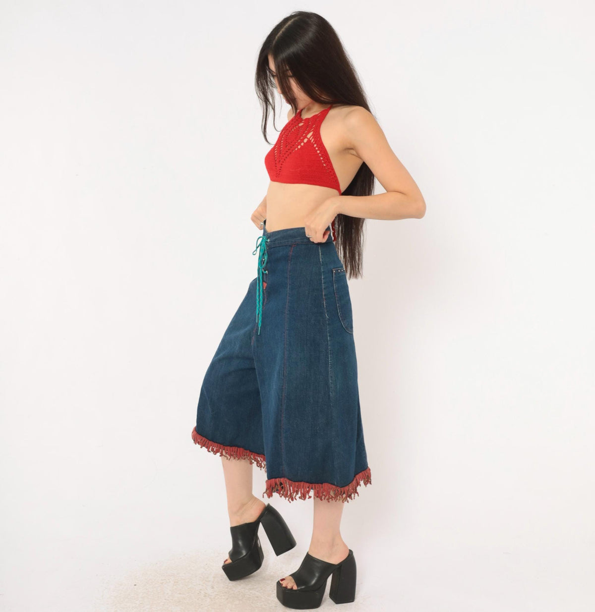 80s Blue Denim Wide Leg Shorts Red Fringe Lace Up Front Studded Medium M