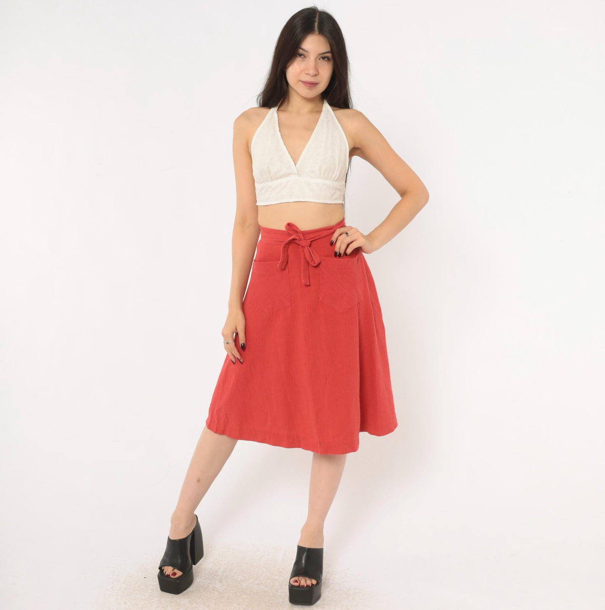 70s Ardee Rust Wrap Skirt A-Line Tie Waist Linen Blend Extra Small XS