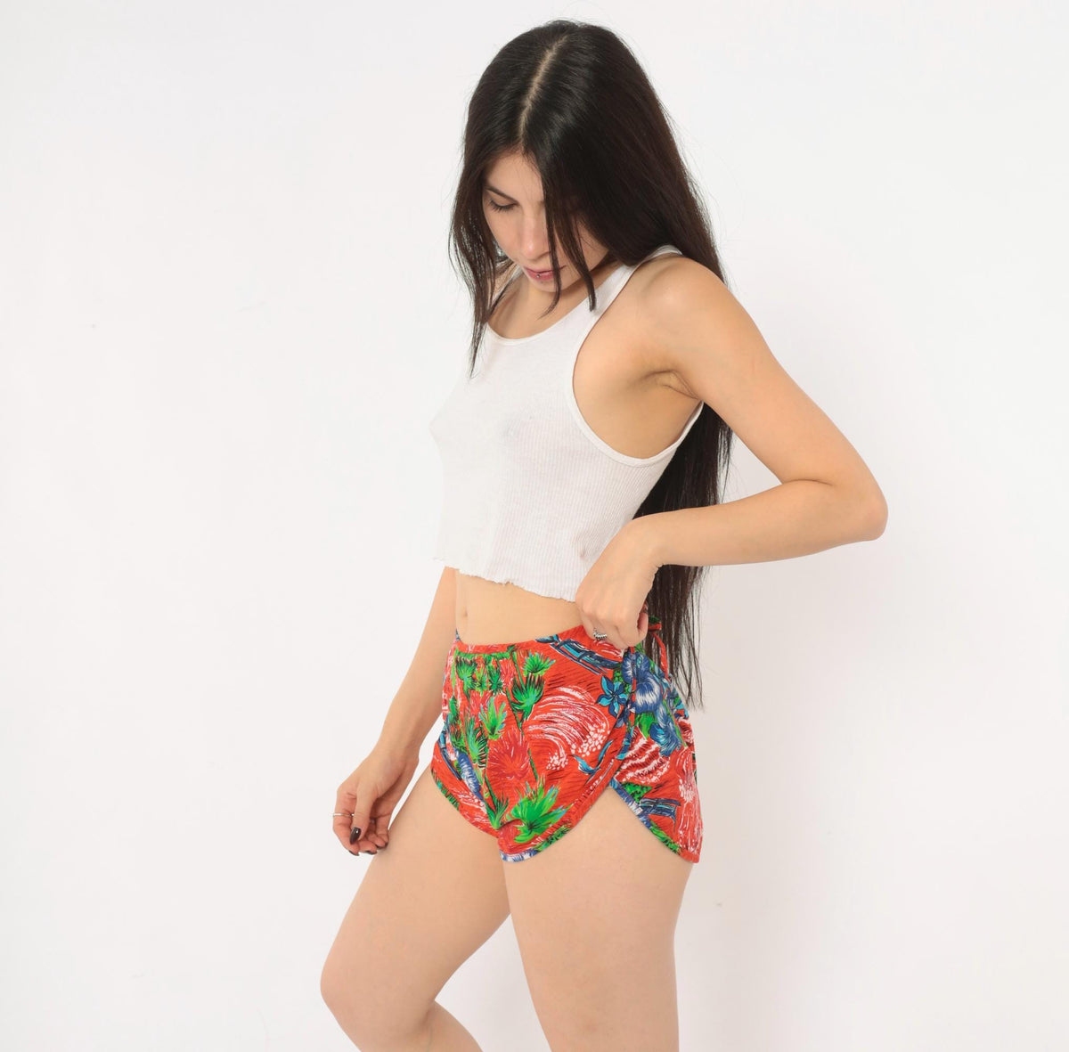 90s Hana Hawaiian Wrap Shorts Red Tropical Floral Cotton Small S