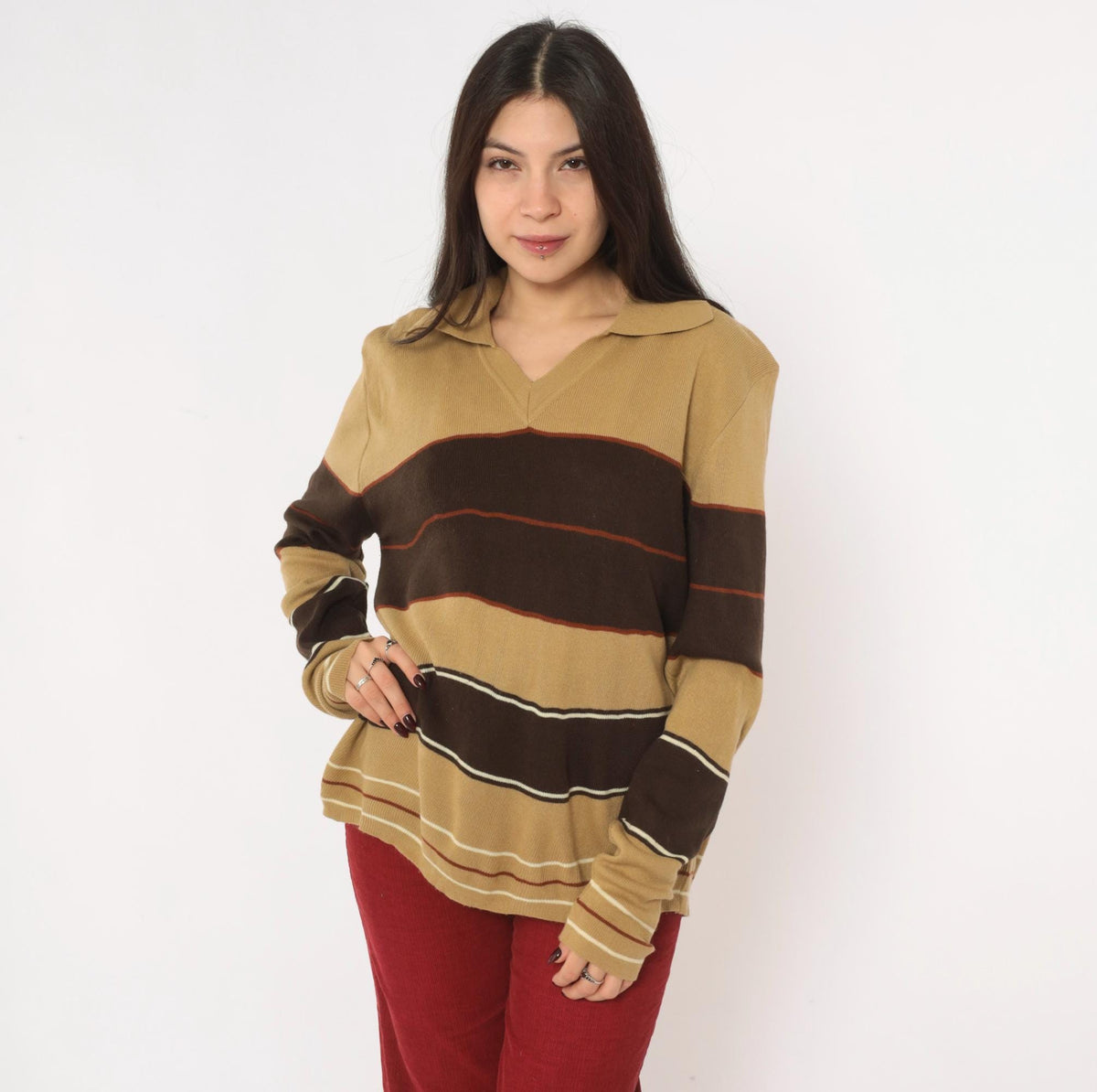 80s Alfie California Striped Polo Sweater Brown Tan Rust Medium