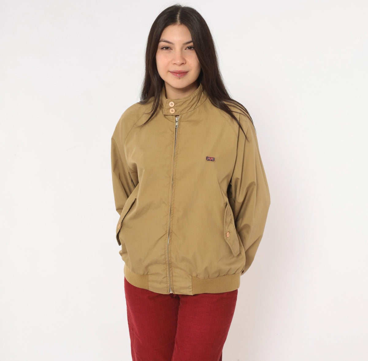 80s Brittania Harrington Jacket Beige Cotton Raglan Stand Collar Medium
