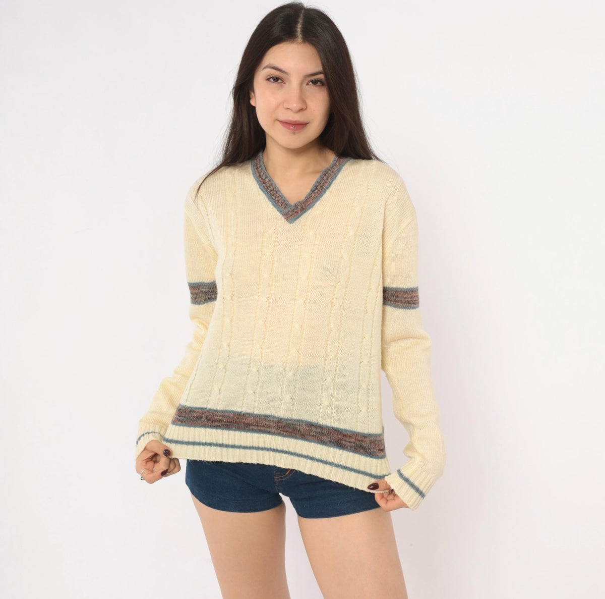 70s Kennington Cable Knit Sweater Cream V Neck Stripe Pullover Small