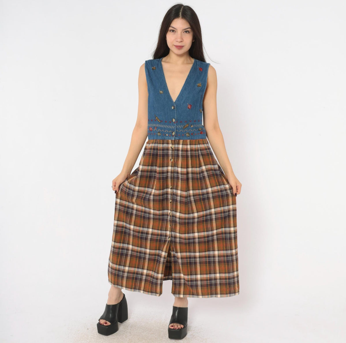 90s Casey&Max Denim Plaid Midi Dress Embroidered Leaves V Neck Large