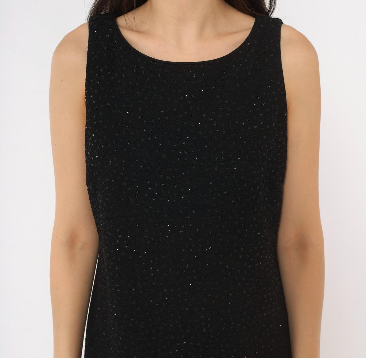 90s Jessica Howard Black Glitter Dress Velvet Trim V Back Knee Length Medium M
