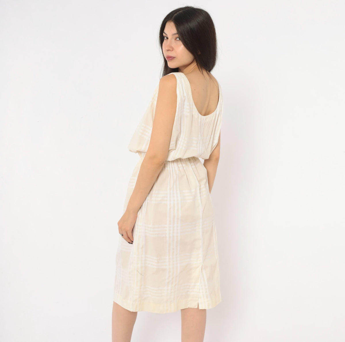 80s Cream Plaid Sleeveless Sundress Scoop Neck Blouson Waist Medium M