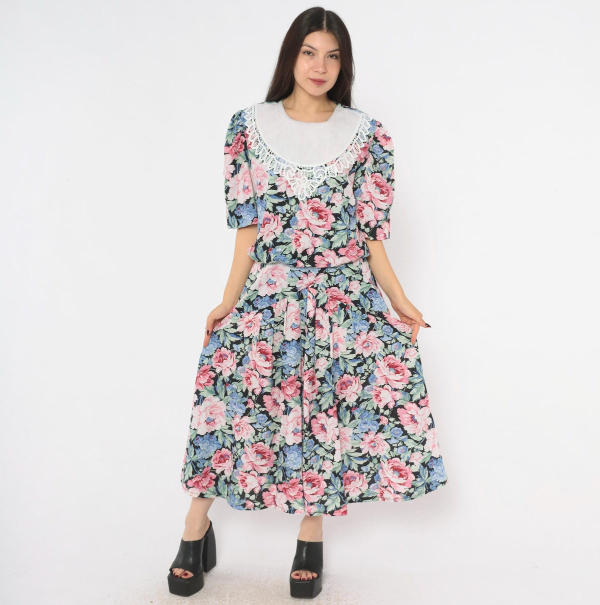 80s Floral Midi Dress Black Pink Rose Lace Collar Puff Sleeve Drop Waist Large L