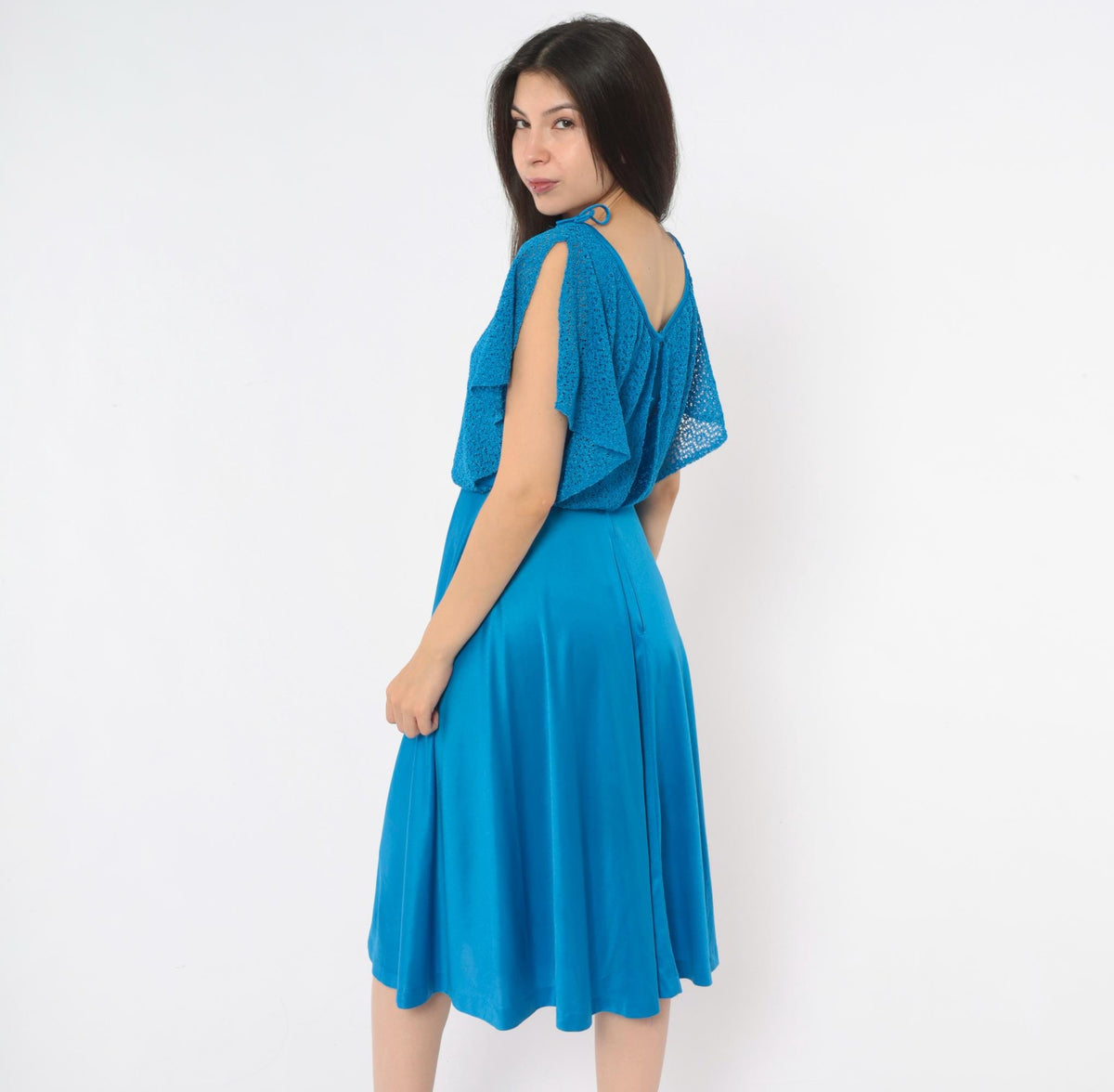 70s Cobalt Blue Crochet Knit Dress Flutter Sleeve V Neck Drop Waist Small