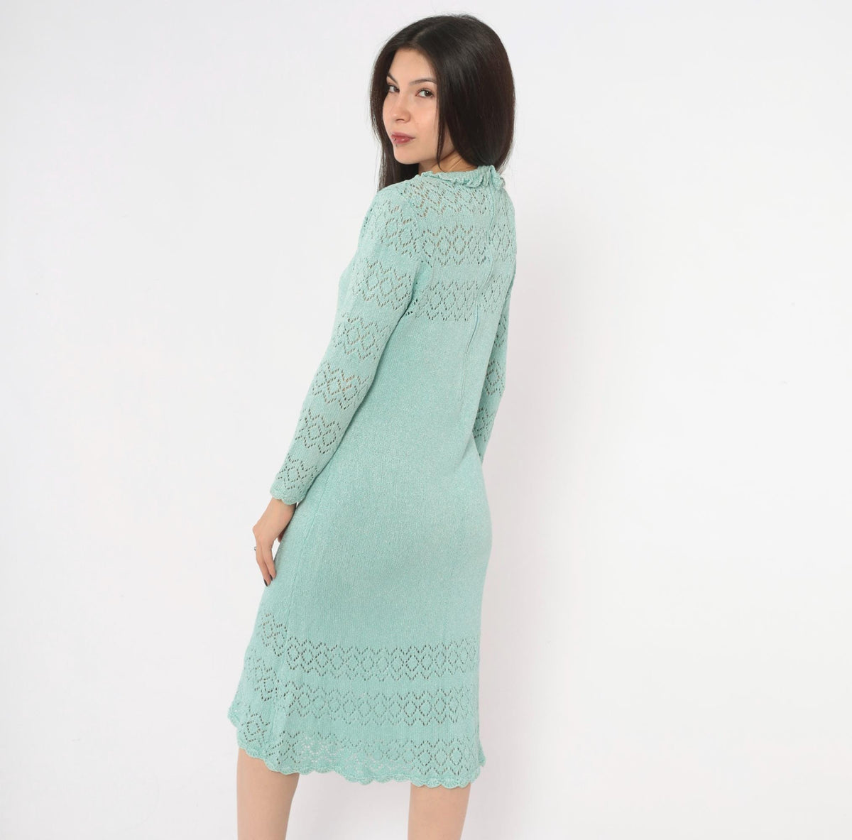 70s Seafoam Pointelle Knit Dress Cotton V-Neck Scalloped Long Sleeve Medium