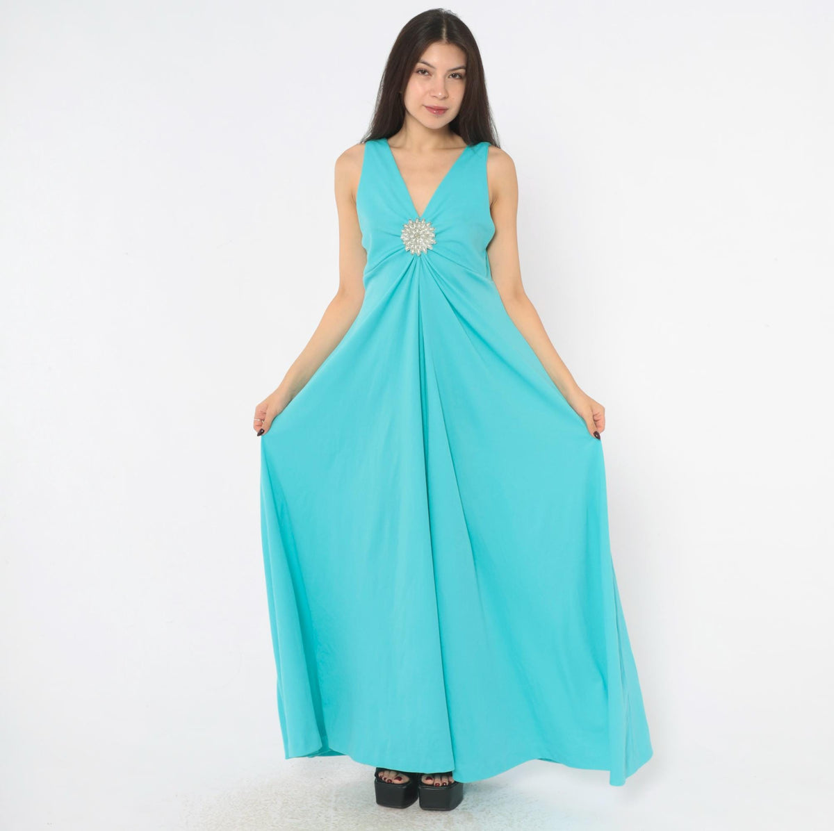 70s Turquoise Maxi Dress Deep V Neck Empire Waist Rhinestone Brooch Large L