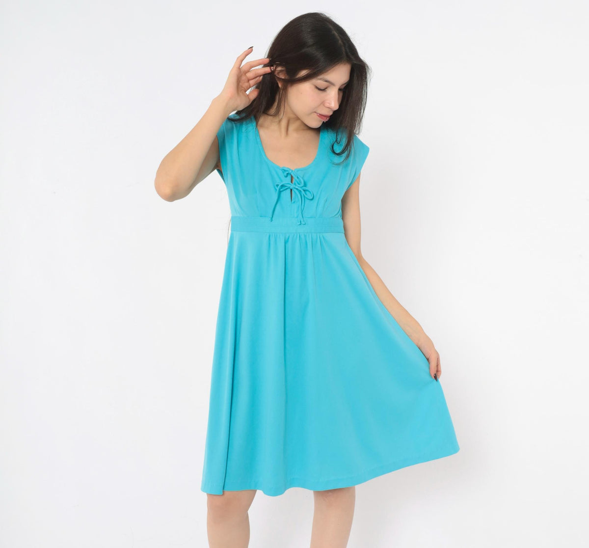 70s Teal Blue Knee-Length Dress Cap Sleeve Empire Waist Keyhole Tie Back Small