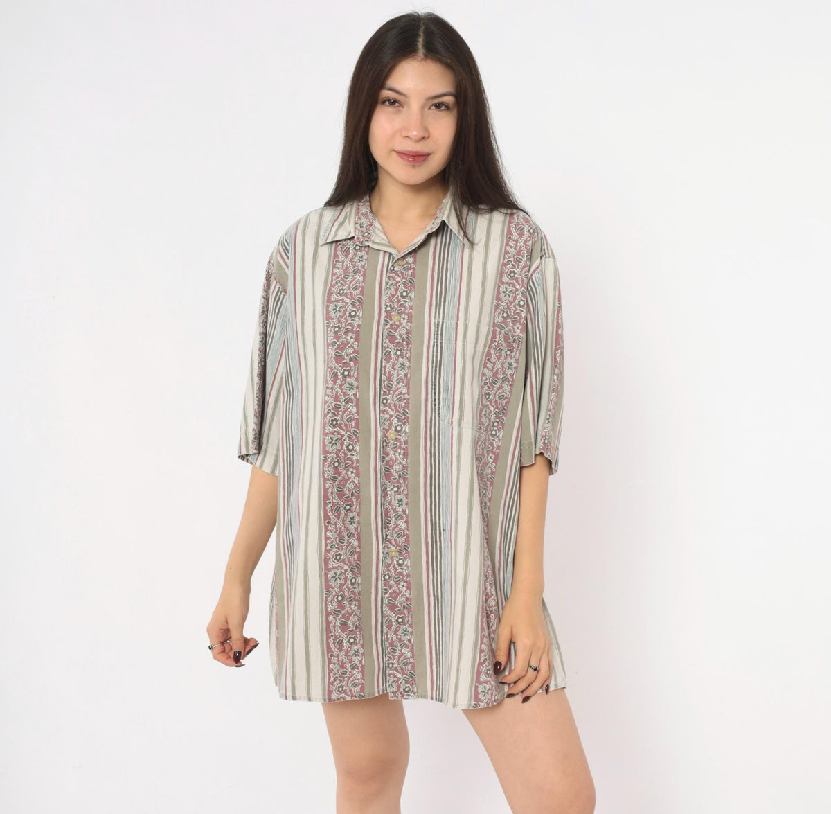 90s Key Elements Striped Floral Cotton Shirt Cream Rust Extra Large XXL