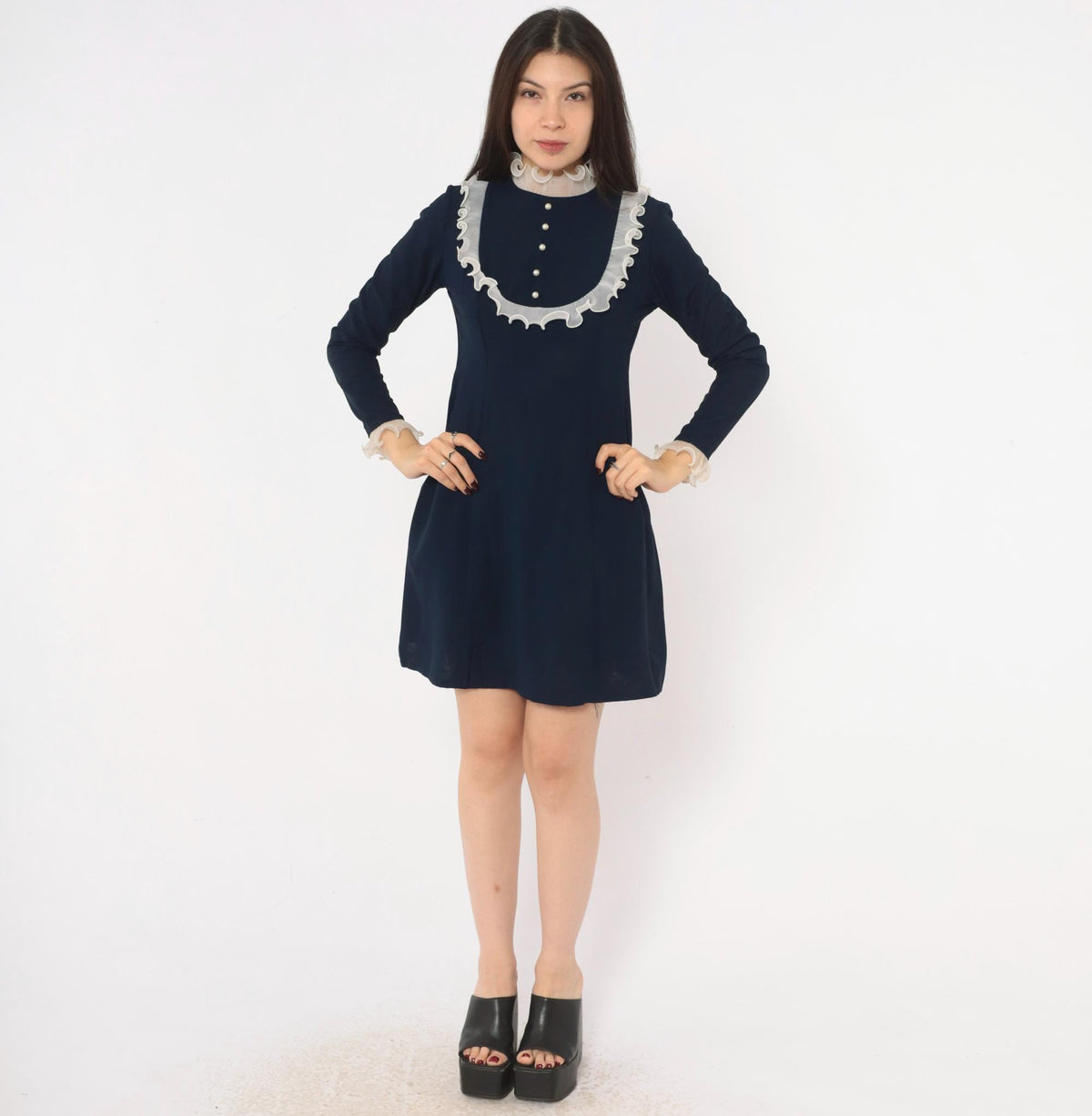 60s Navy Babydoll Dress White Ruffle Bib Mock Neck Pearl Buttons Small