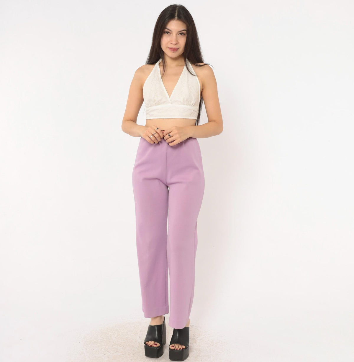70s Lavender High-Waist Wide-Leg Flare Pants Pull-On Cropped Small