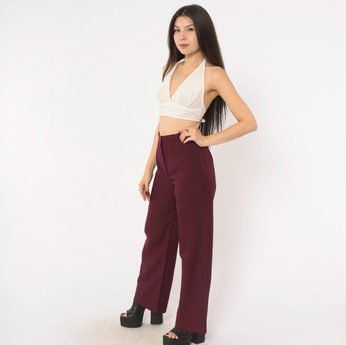 70s Panther Burgundy High-Waist Wide-Leg Trousers Disco Small S