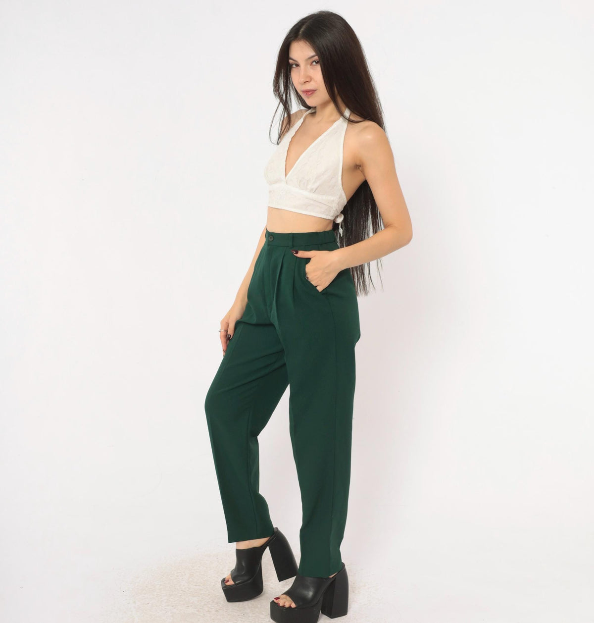 80s La Donna Forest Green Pleated High-Waist Trousers Tapered Leg Extra Small
