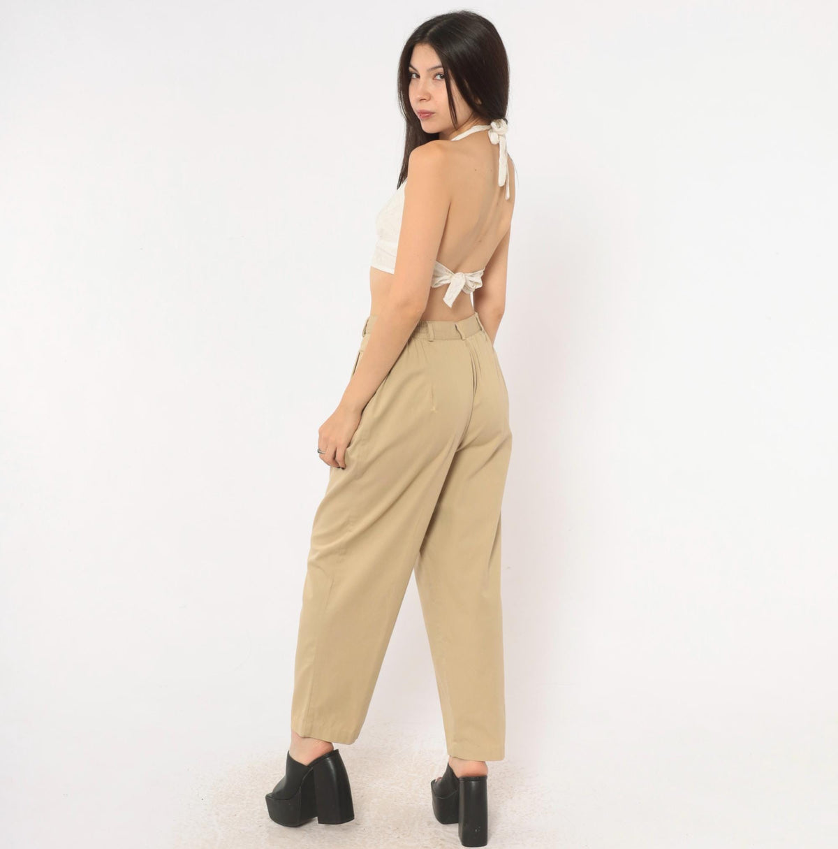 80s Casablanca Pleated Khaki Trousers High Waist Tapered Ankle Beige Medium