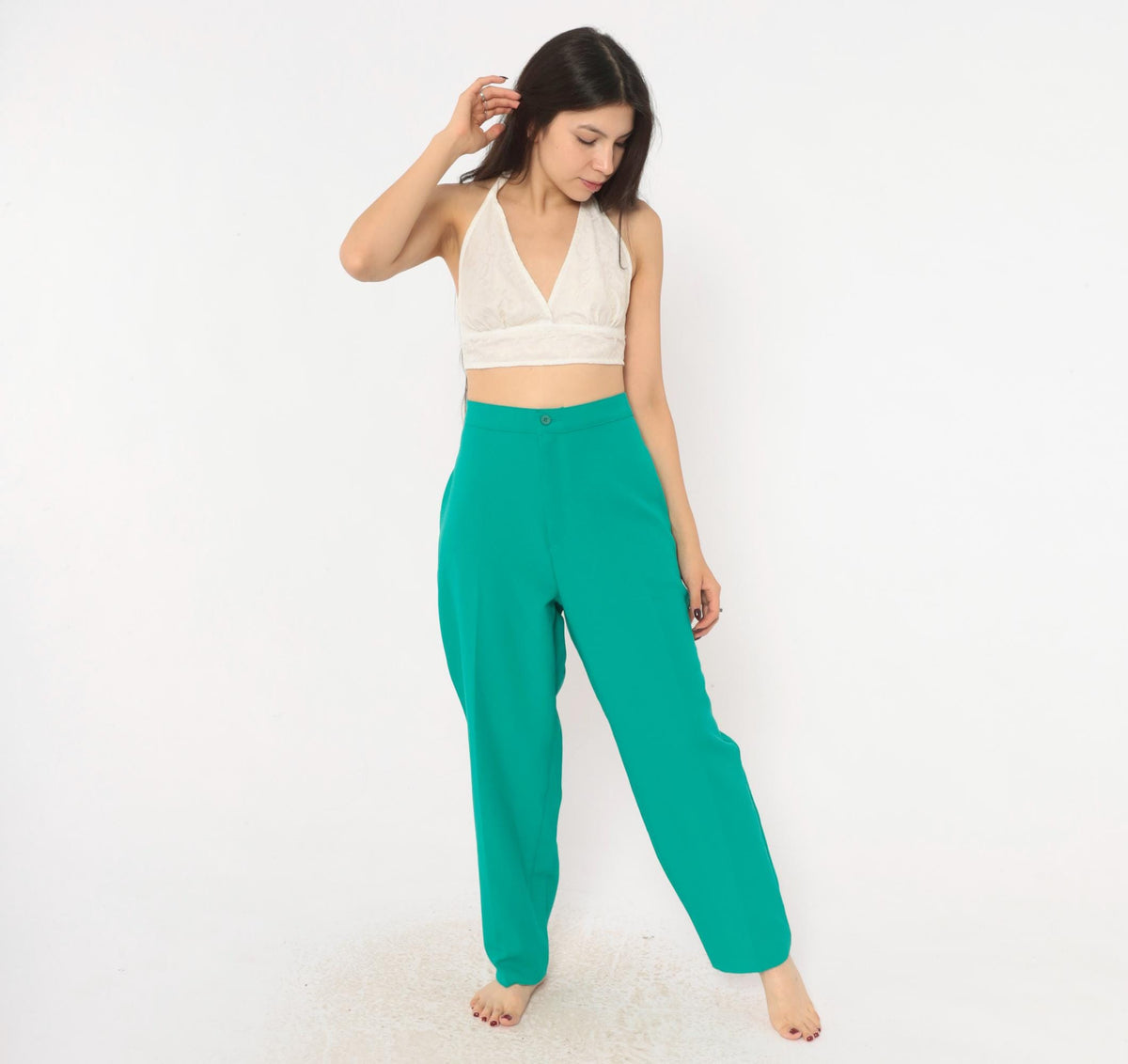 70s Bend Over Teal High Waist Straight Leg Trousers Petite Large