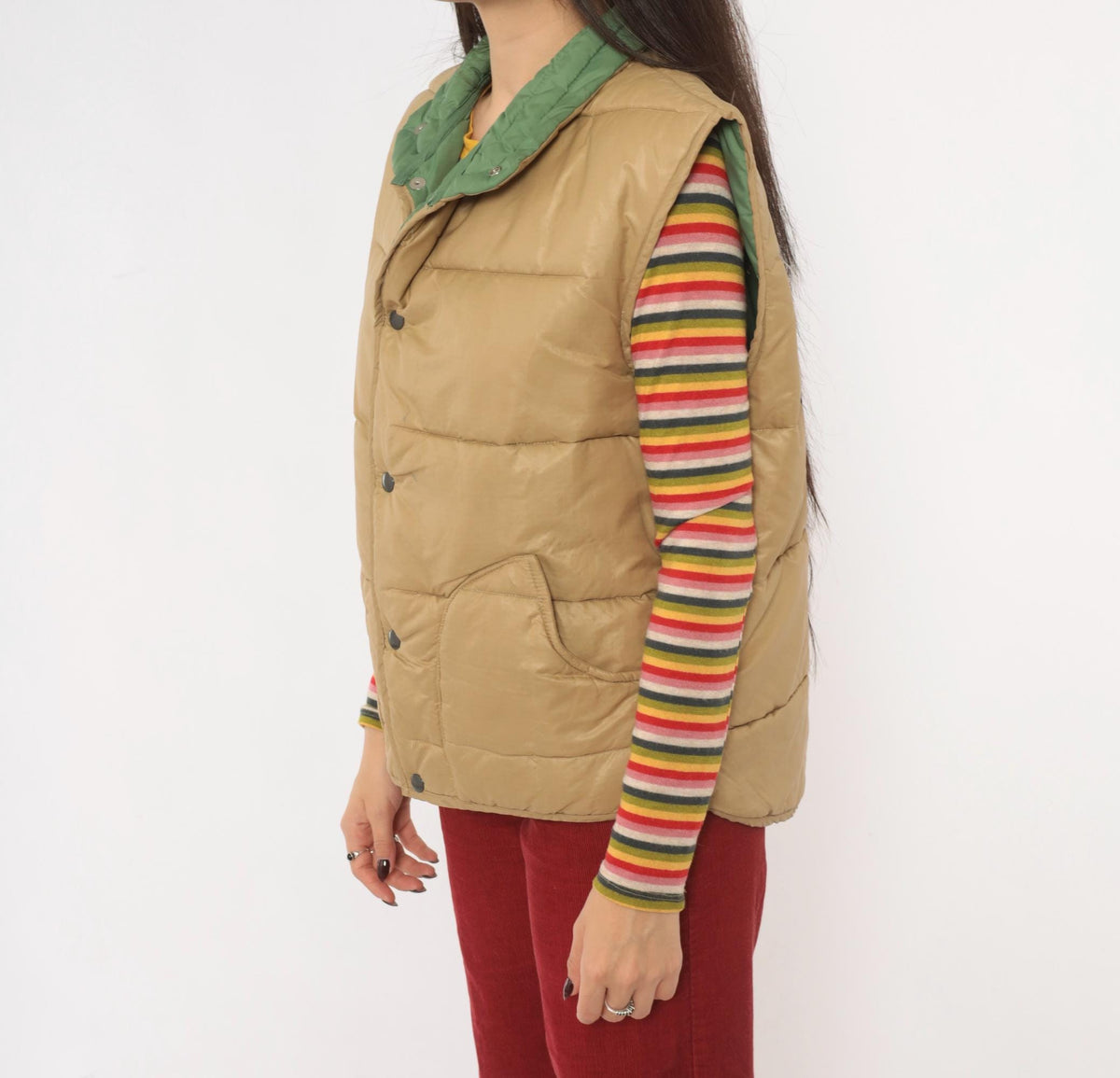 80s Aramis Devin Puffer Vest Tan Reversible Green Quilted Snap Medium