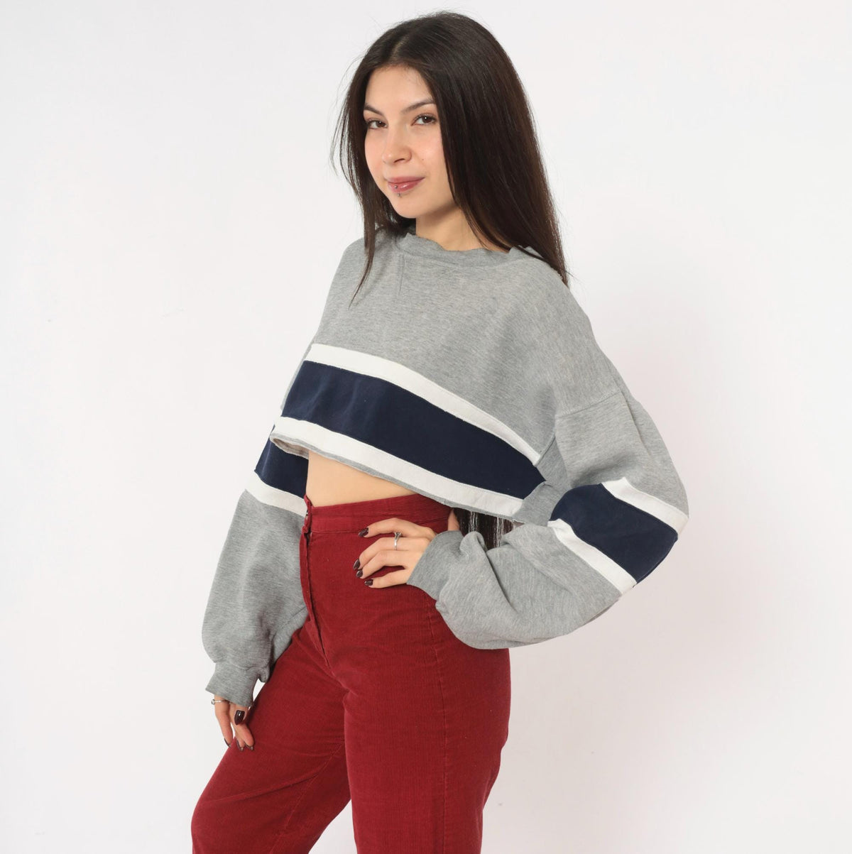 90s Decker Sportswear Cropped Sweatshirt Grey Navy Stripe Boat Neck Small