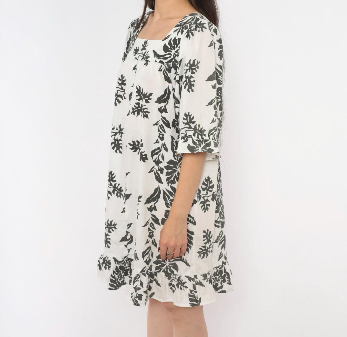 90s Nani Liberty House Hawaiian Floral Square Neck Puff Sleeve Dress Black White Small S
