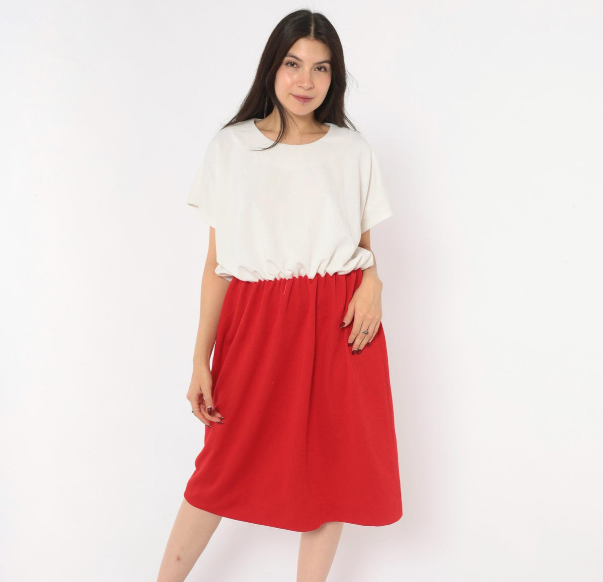 80s Leslie Fay Colorblock Dress White Red Gathered Waist Knee-Length Plus Size 1X