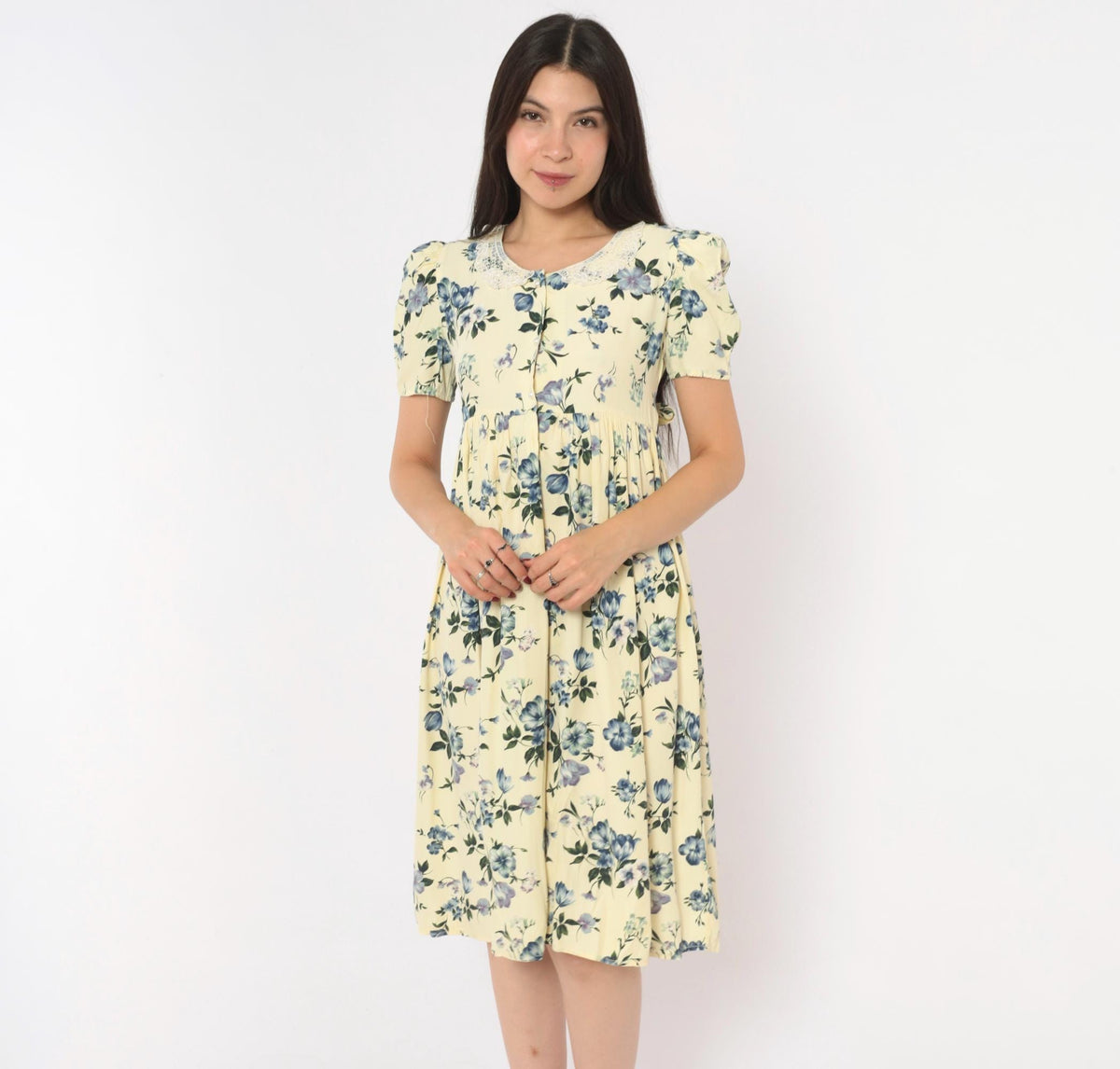 90s Swat Floral Babydoll Dress Cream Blue Puff Sleeve Lace Collar Extra Small XS