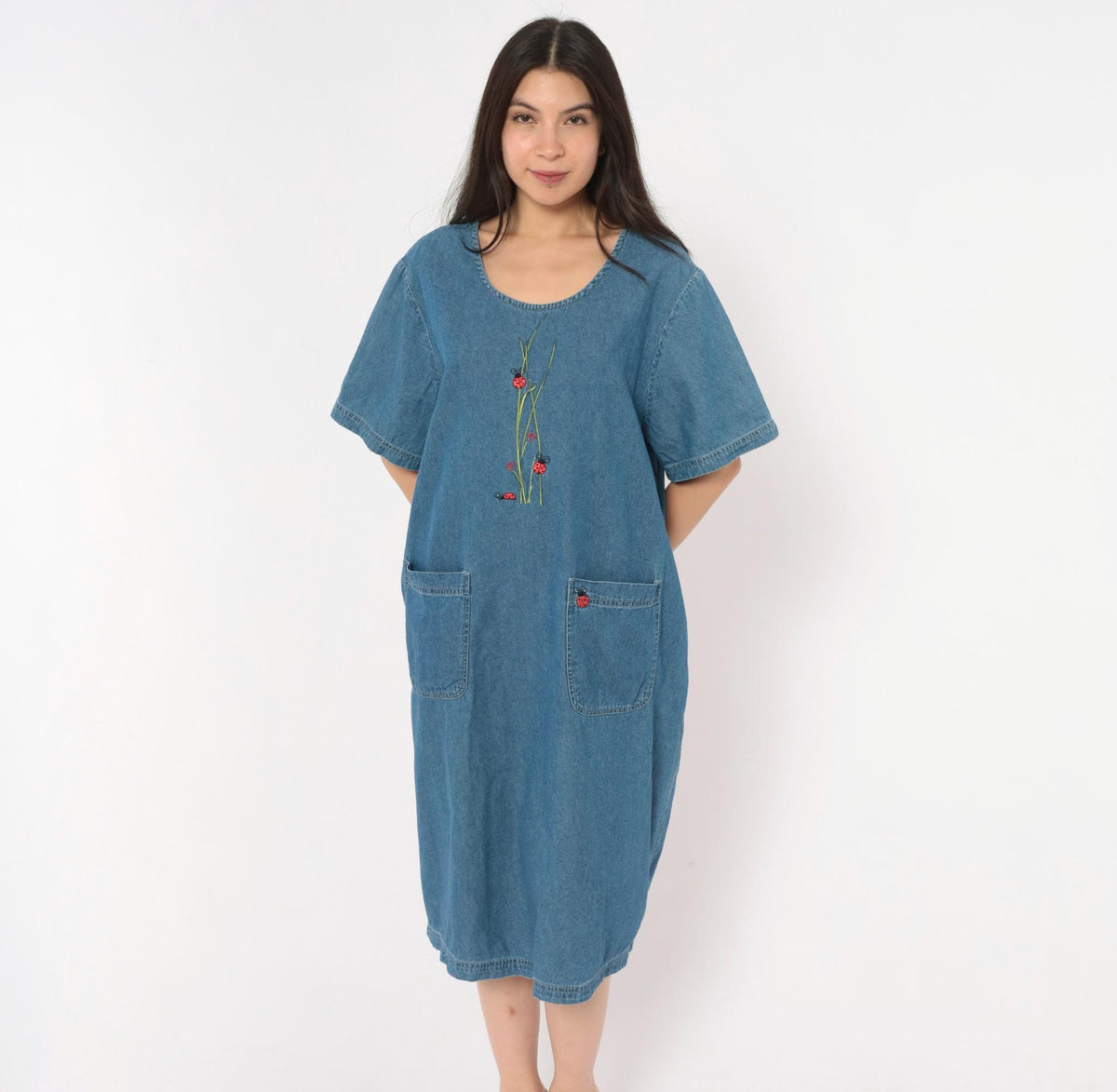 90s Blair Ladybug Embroidered Denim Shift Dress Blue Knee-Length Extra Large