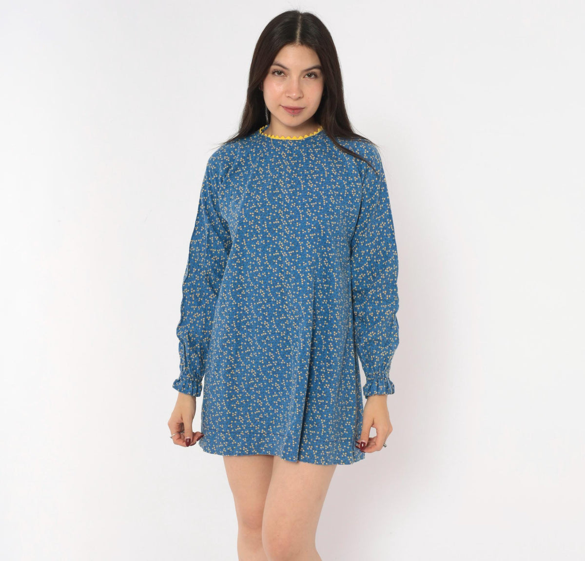 70s Ditsy Floral Cotton Mini Dress Blue Yellow Ric Rac Long Sleeve Extra Small XS
