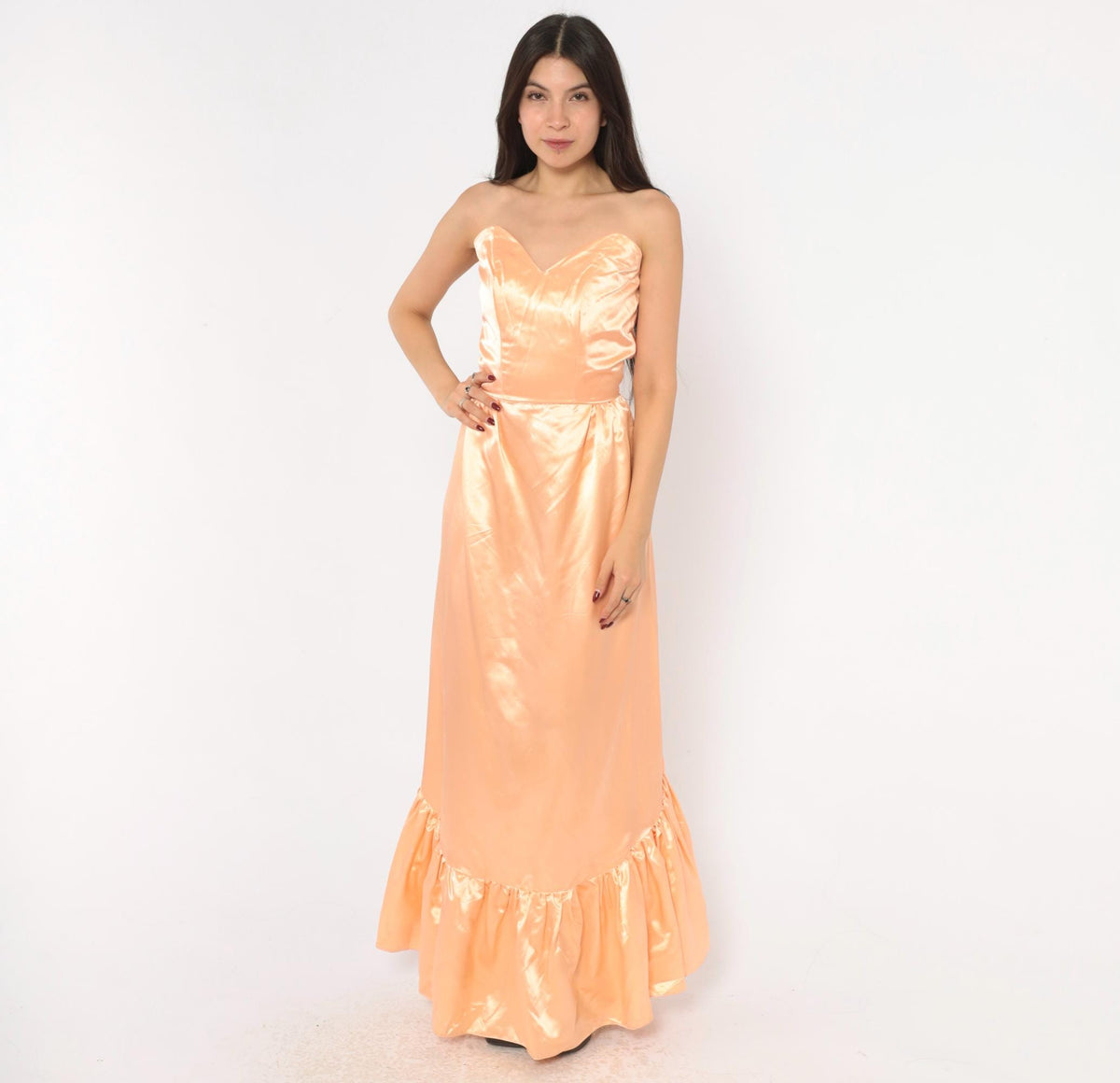80s Peach Satin Strapless Maxi Gown Sweetheart Neckline Lace Bustle Small