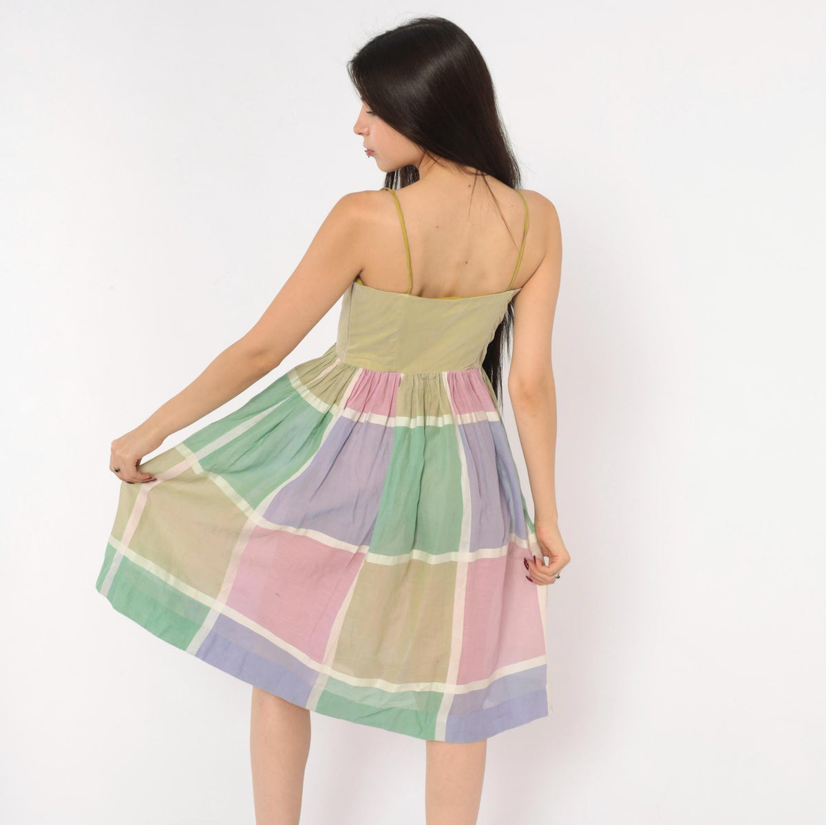 60s Pastel Plaid Sundress Sweetheart Neckline Gathered Skirt Cotton XS