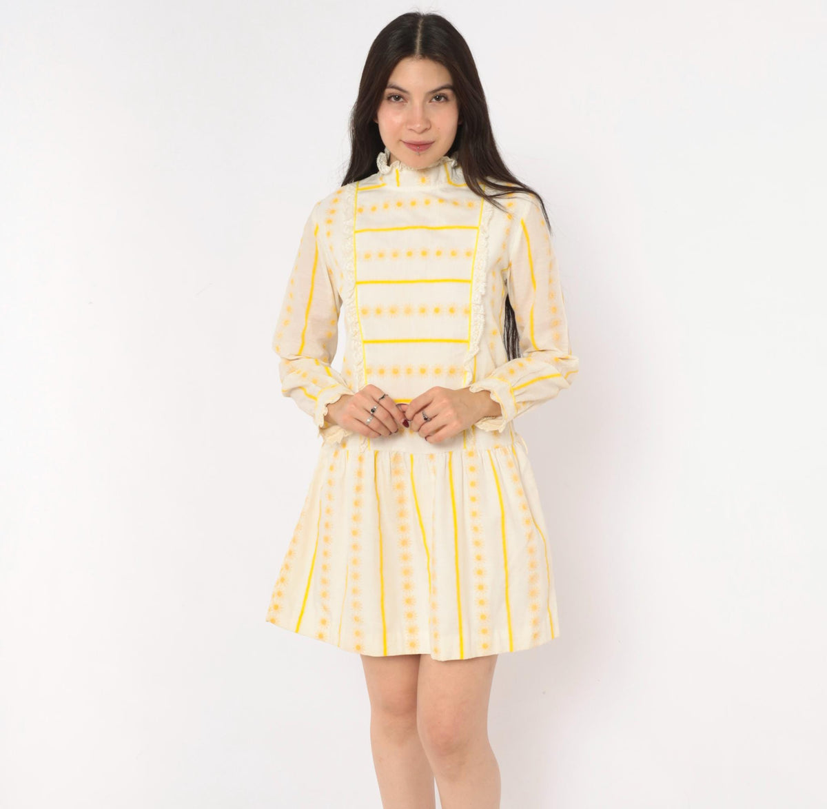 60s Miss Brent Daisy Stripe Mini Dress Yellow Cream Lace High Neck Long Sleeve Extra Small