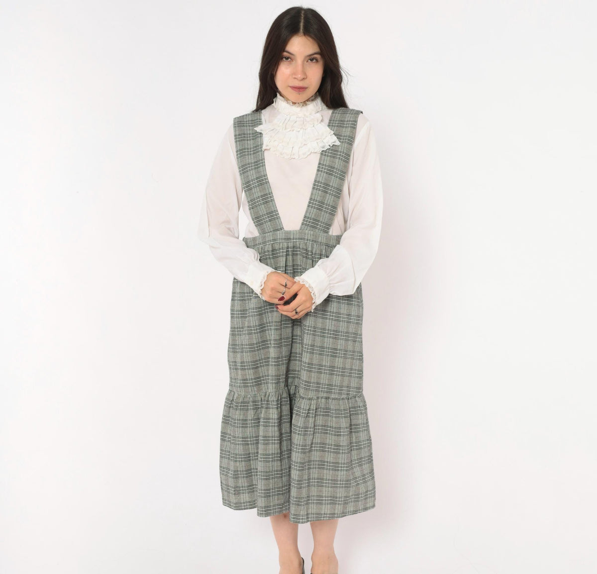 90s Grey Glen Plaid Pinafore Dress V-Neck Suspender Straps Tiered Ruffle Medium M