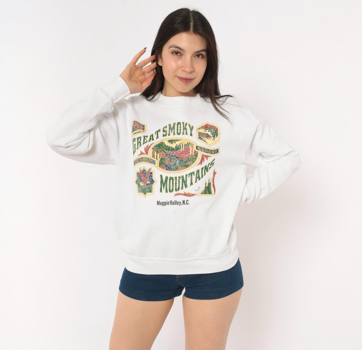 90s Great Smoky Mountains Fruit Of The Loom Crewneck Sweatshirt White Medium M