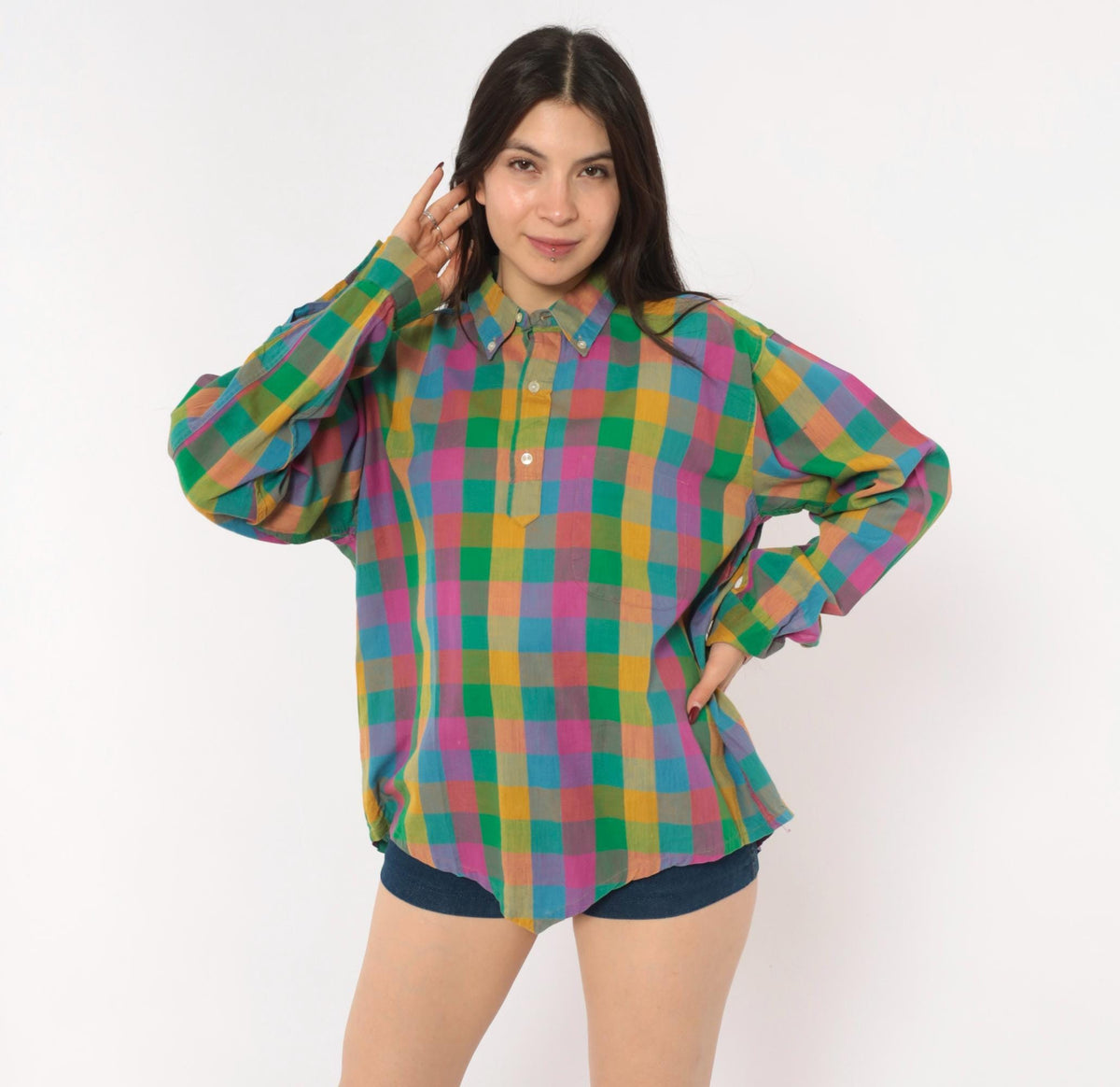 70s Career Club Madras Plaid Button-Down Shirt Multicolor Gingham Large L