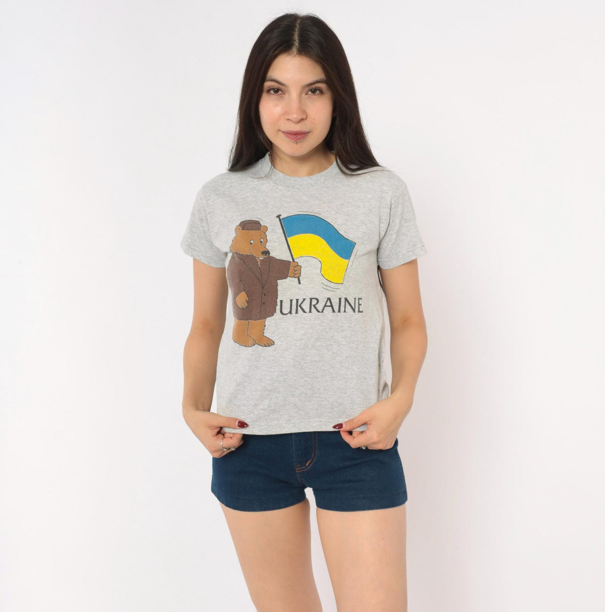 80s Screen Stars Ukraine Bear Graphic Baby Tee Grey Heather Extra Small XS