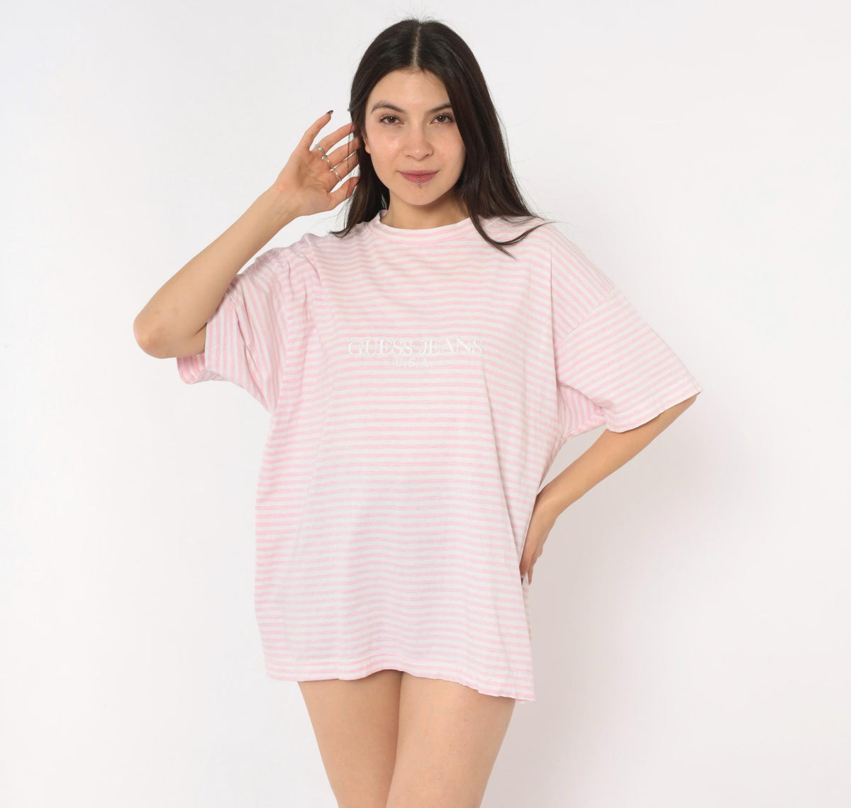 Guess Jeans USA Pink White Striped Cotton Tee Embroidered Logo Large