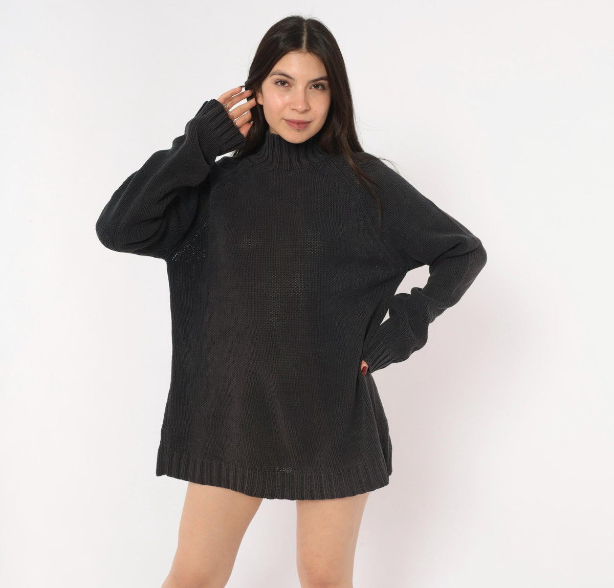 90s Chadwick's Black Mock Neck Sweater Cotton Knit Raglan Pullover Large L