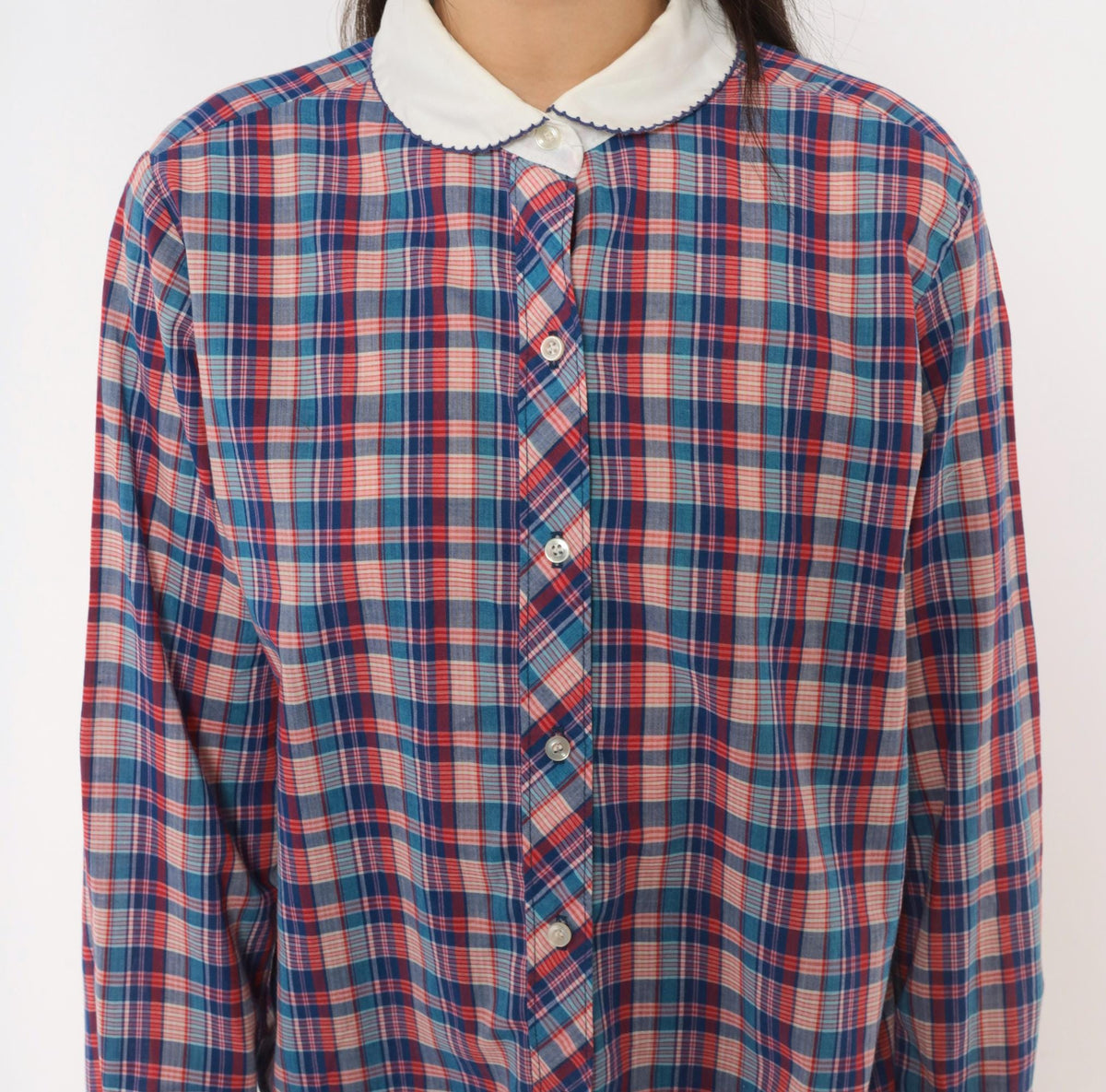 80s Oak Hill Plaid Peter Pan Collar Button Blouse Blue Red White Medium