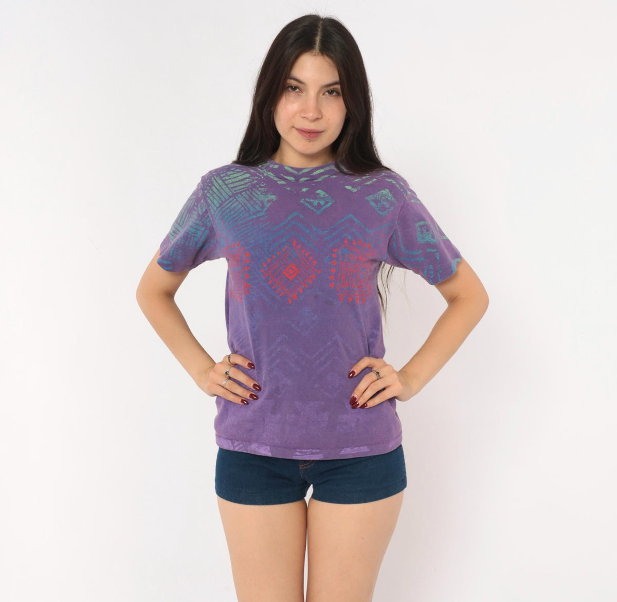 90s Morey Boogie All Over Print Tee Purple Teal Geometric Tribal Cotton XS