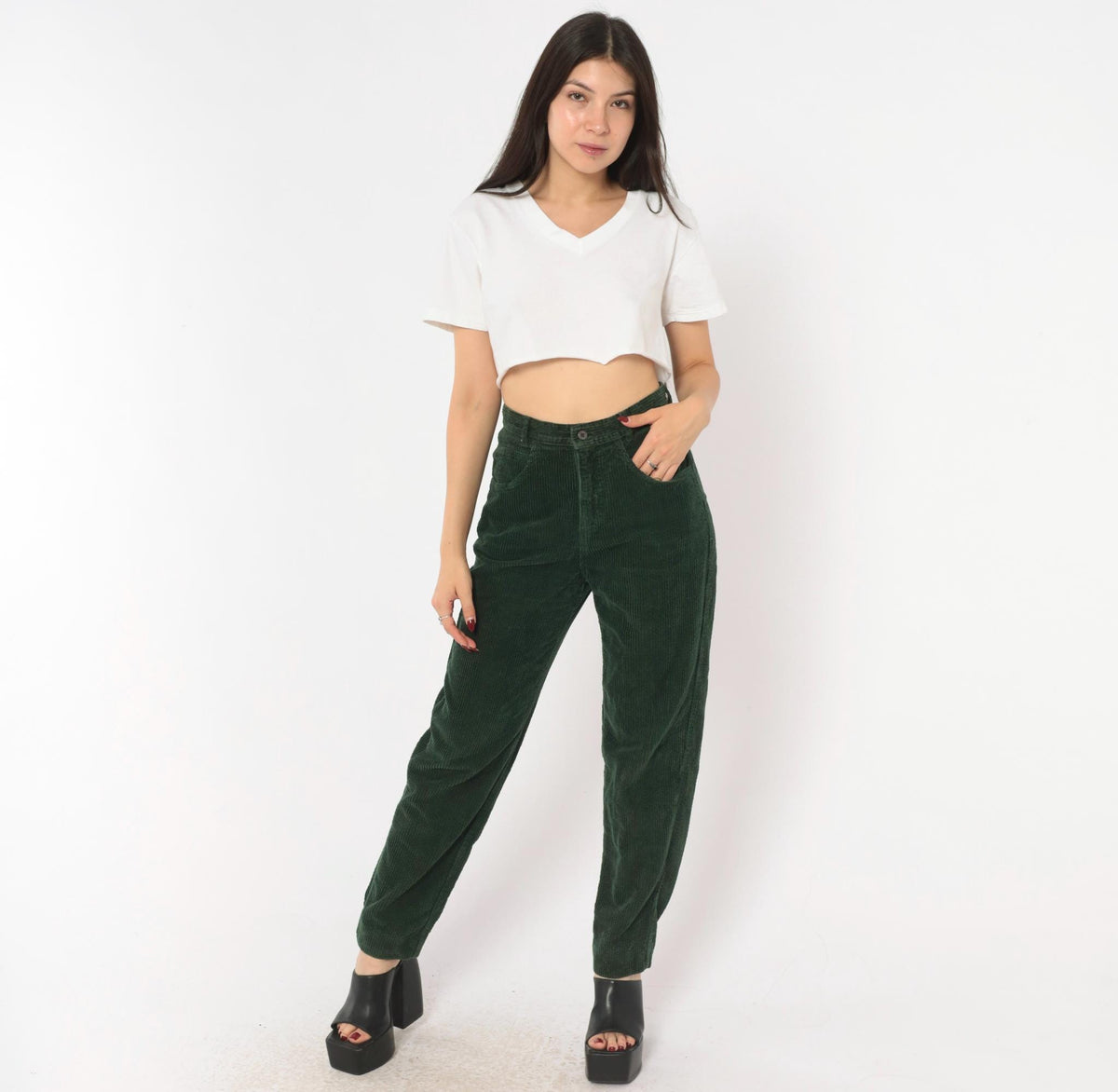 Benetton Emerald Corduroy High-Waist Pants 80s Forest Green Cotton Trousers XS