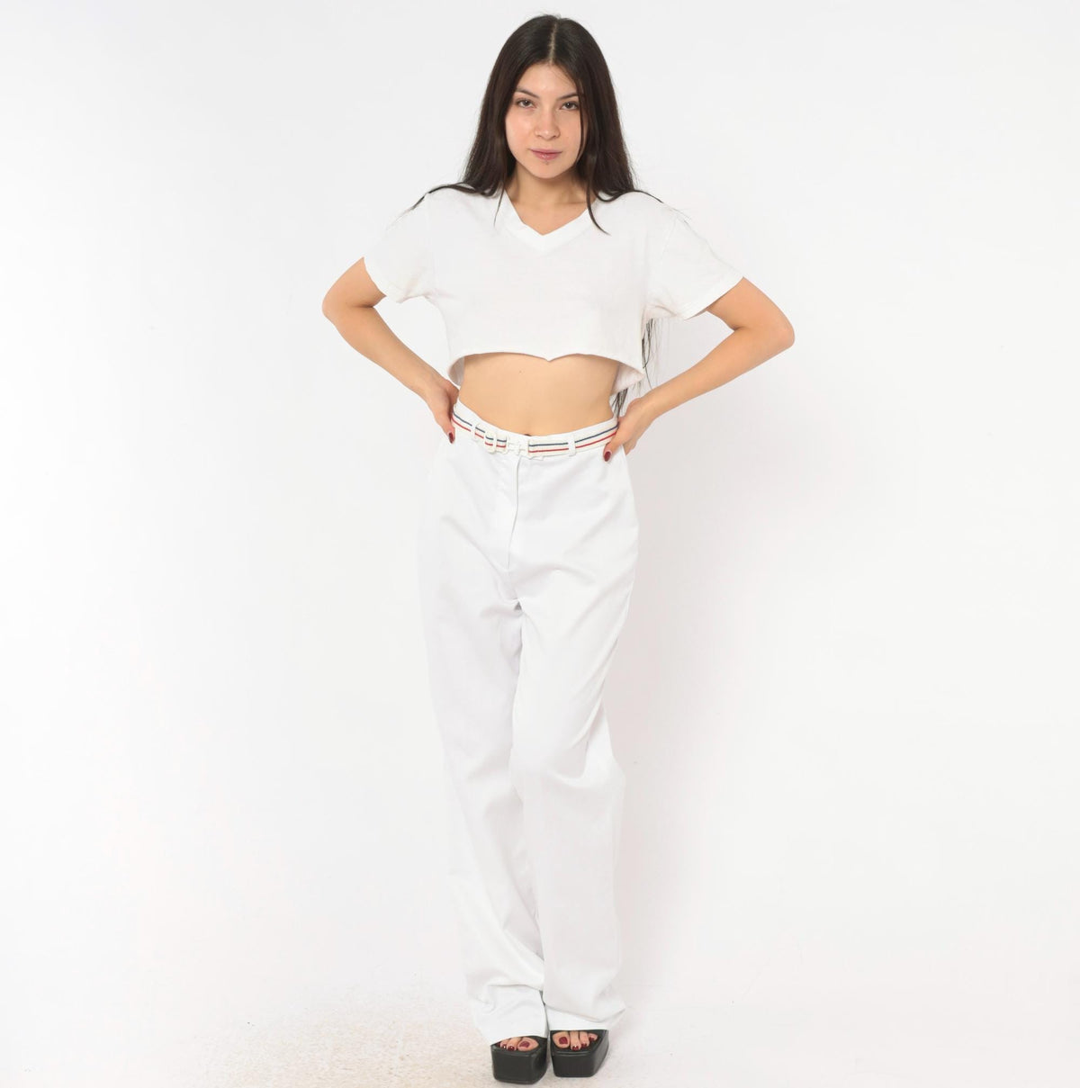 70s MMJ White Wide Leg Trousers Striped Belt High Rise Small S